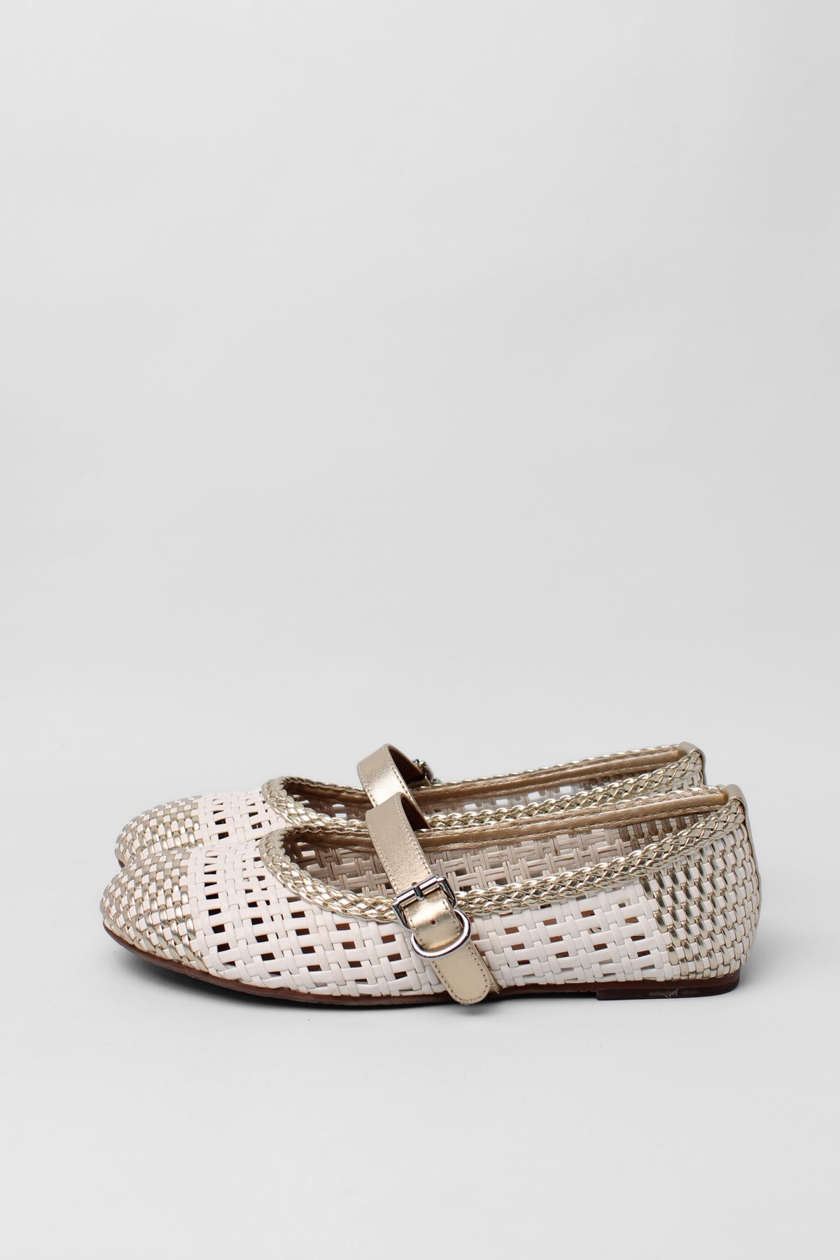 Alaia White & Gold Woven Leather Mary-Jane flats size 38
