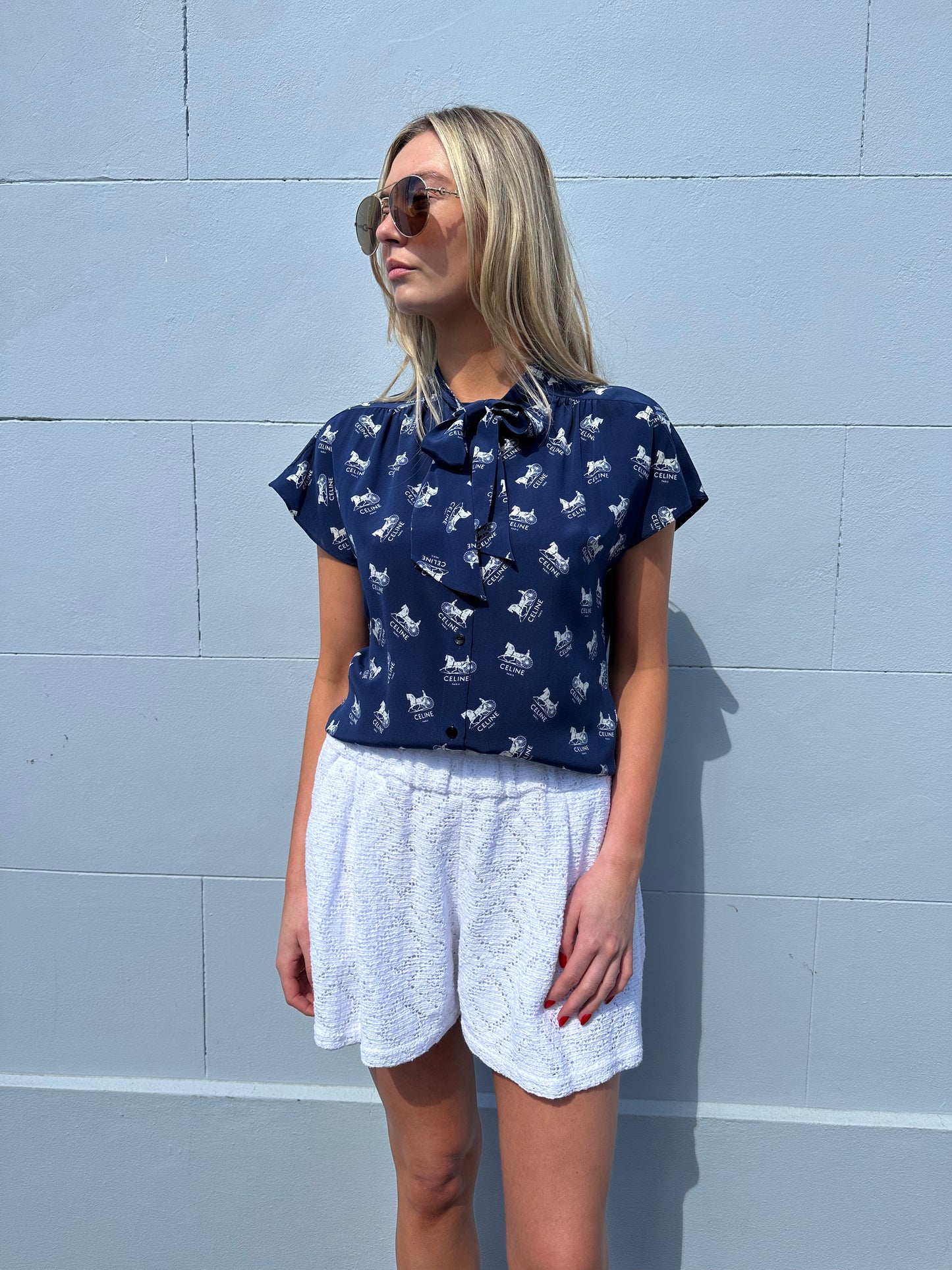 Celine Navy Logo Silk Top Size 34