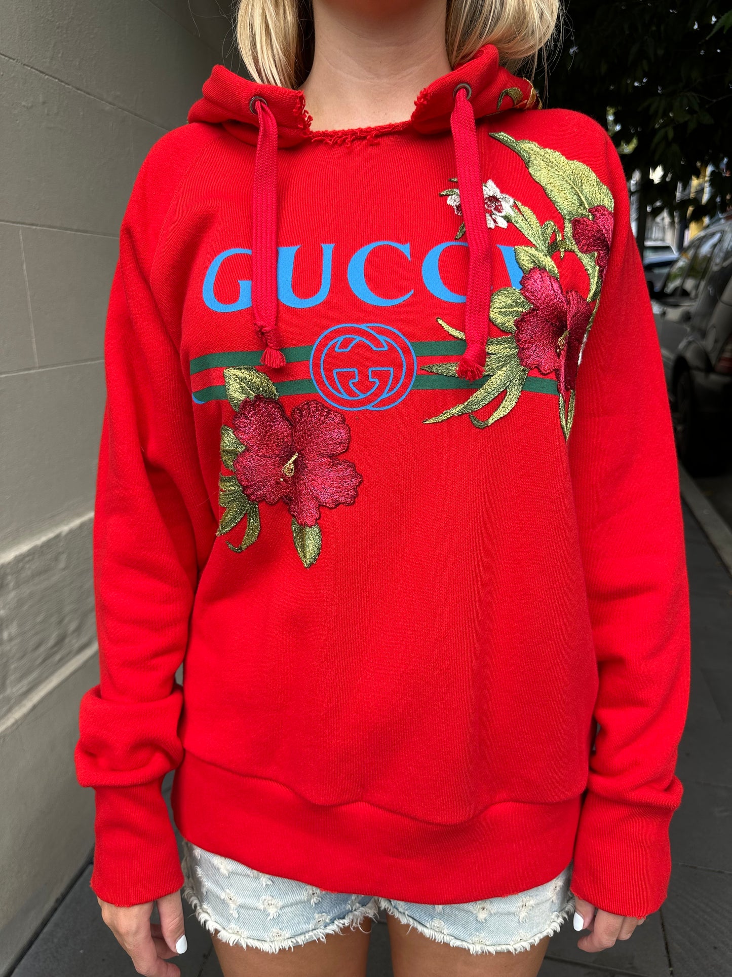 Gucci Red Floral Hoodie Sweatshirt Size XS