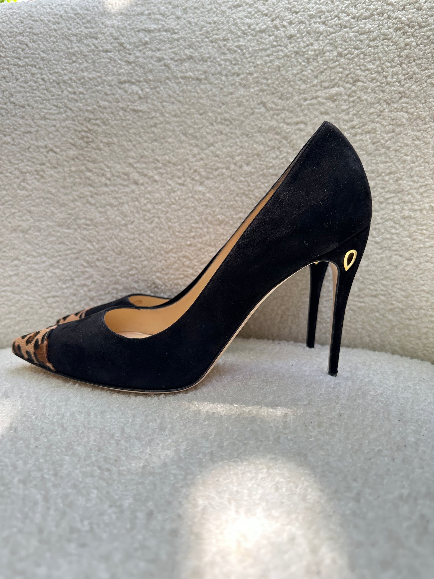 Jennifer Chamandi black suede leopard toe details high heels Size 40.5