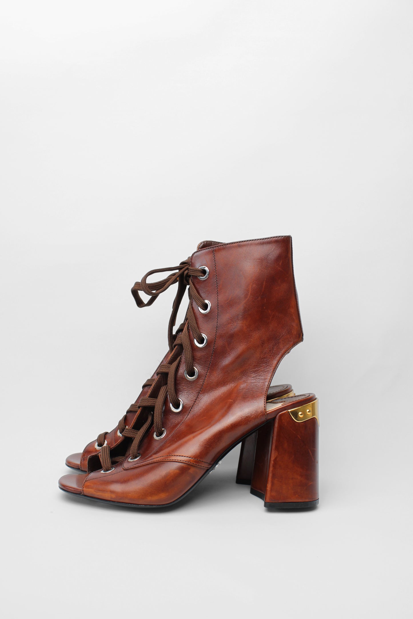 Prada Lace Brown Peeptoe Boots Size 39