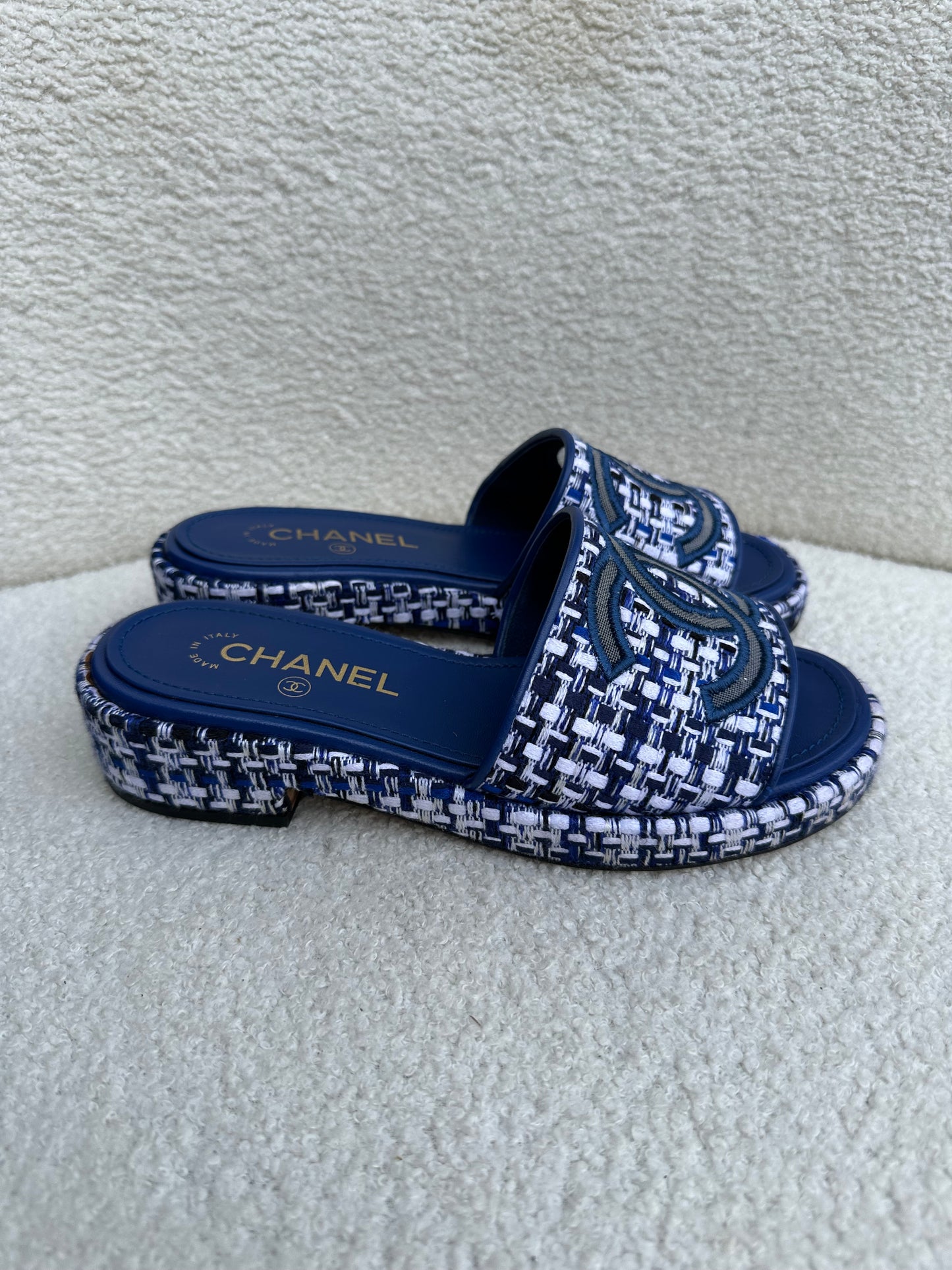 Chanel CC Blue Tweed Mules Size 37
