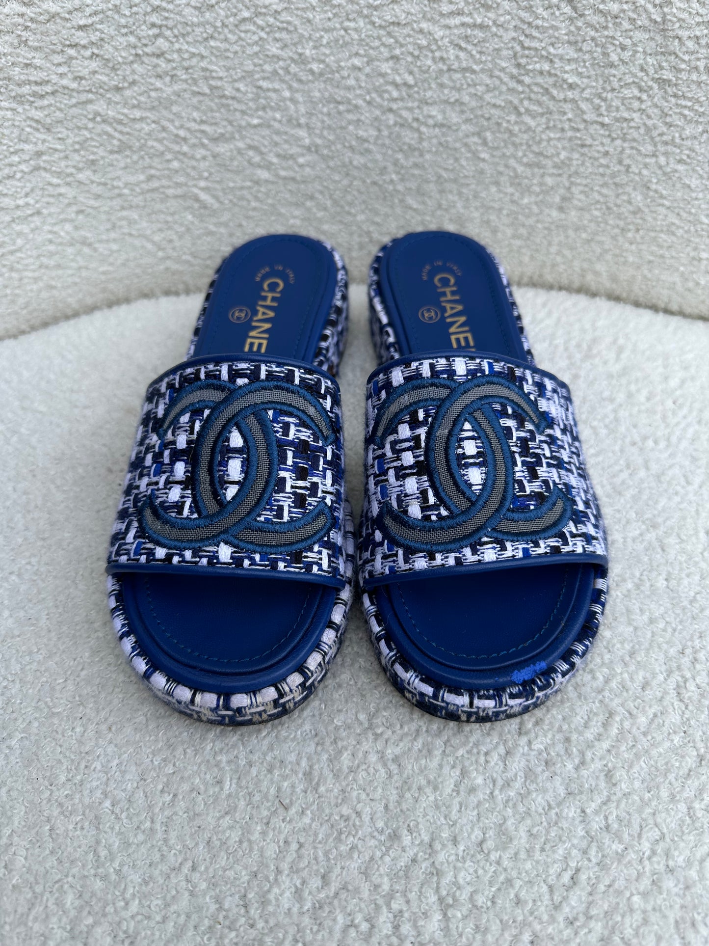 Chanel CC Blue Tweed Mules Size 37