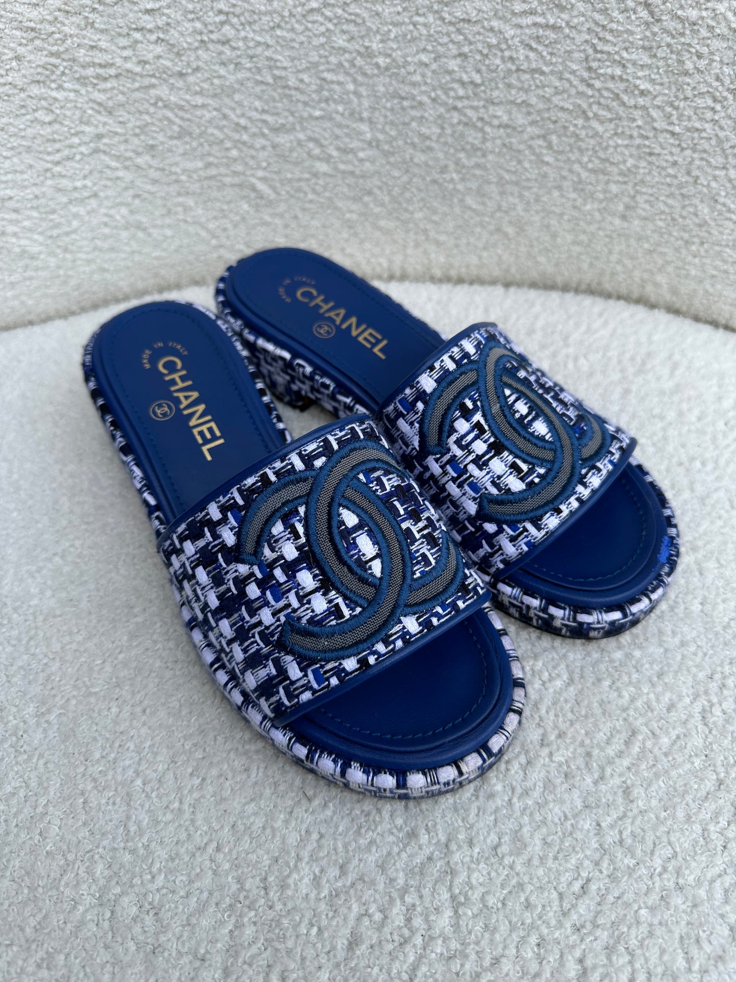 Chanel CC Blue Tweed Mules Size 37