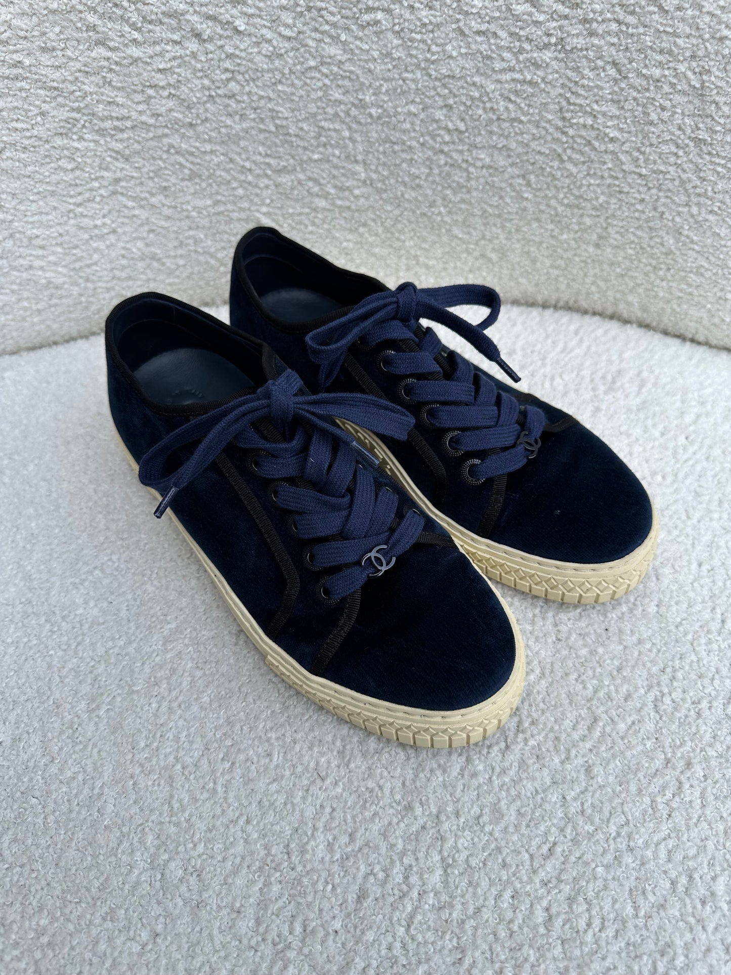 Chanel Navy Velvet Sneakers Size 36