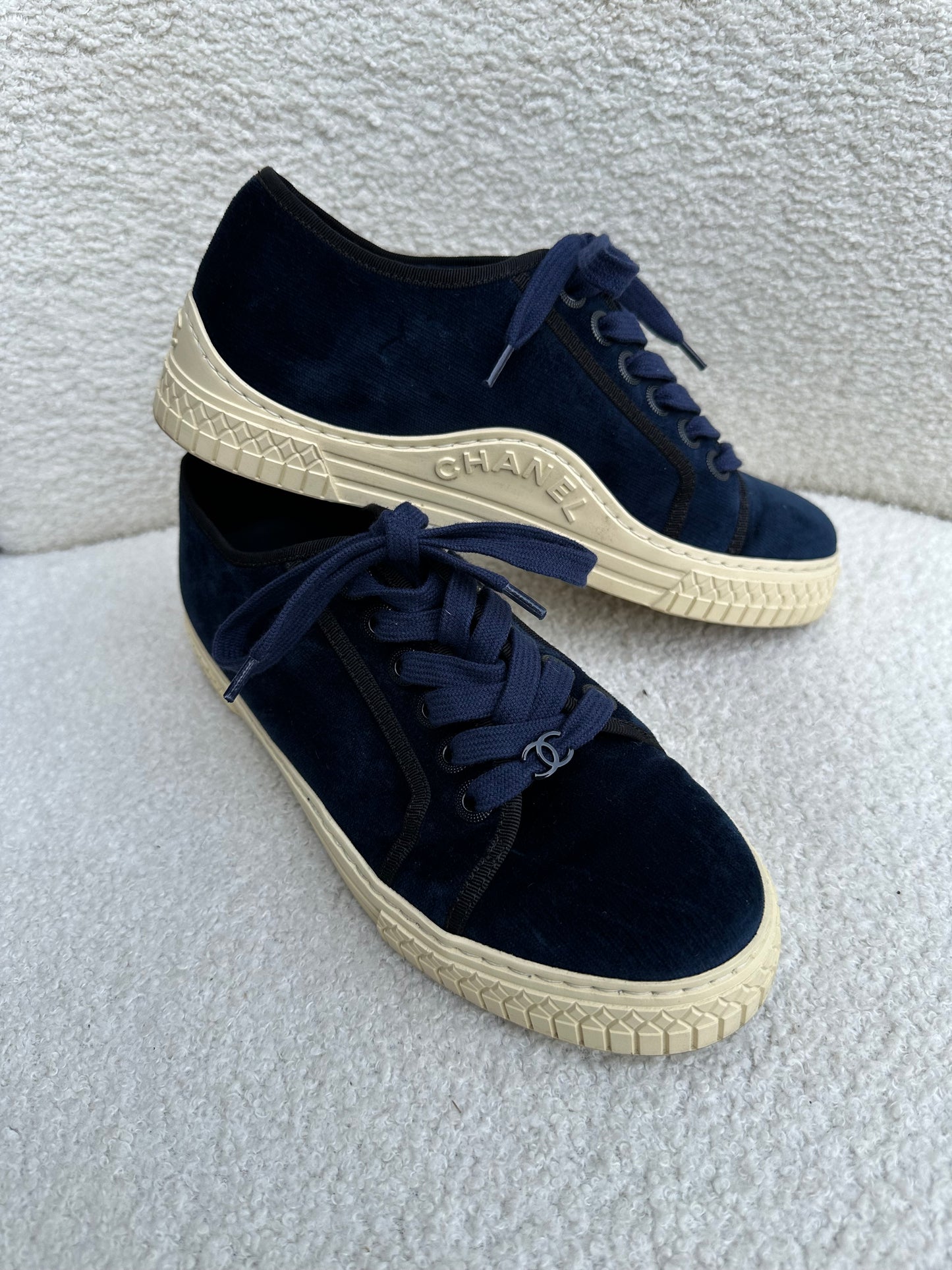 Chanel Navy Velvet Sneakers Size 36