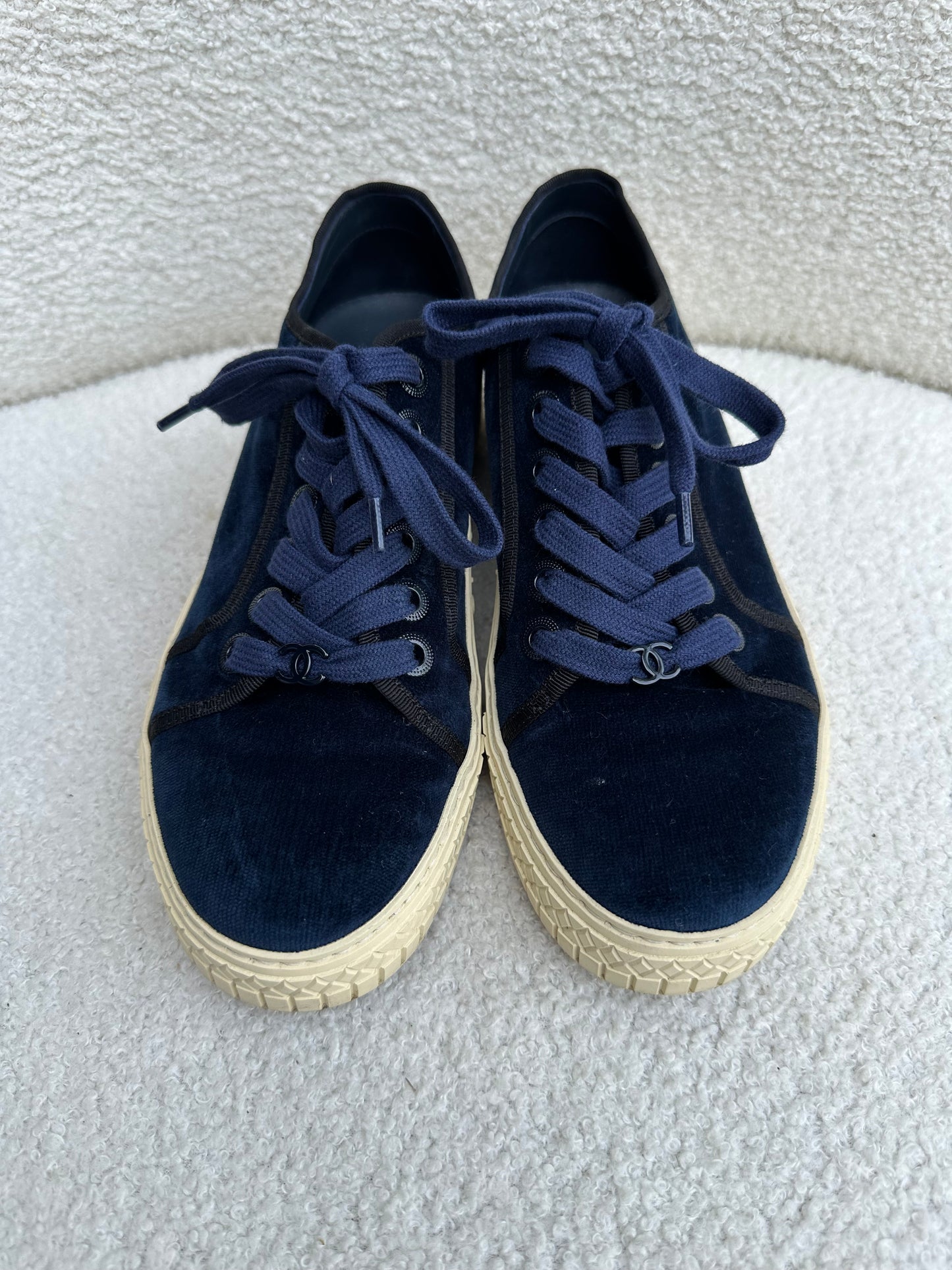 Chanel Navy Velvet Sneakers Size 36