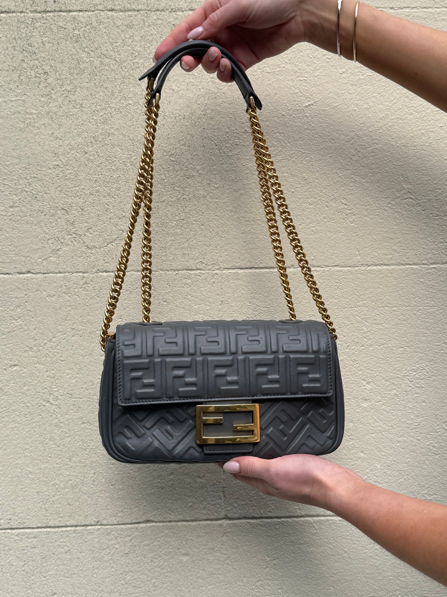 Fendi Graphite Baguette Crossbody Gold Chain Bag