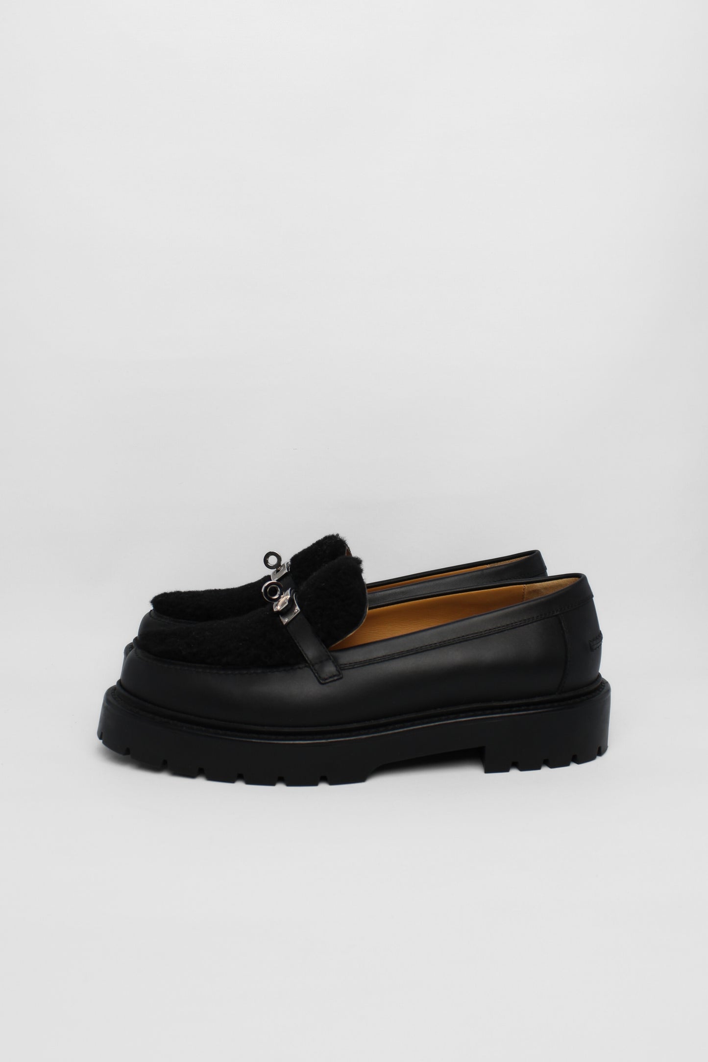 Hermes Black Shearling Loafers Size 40