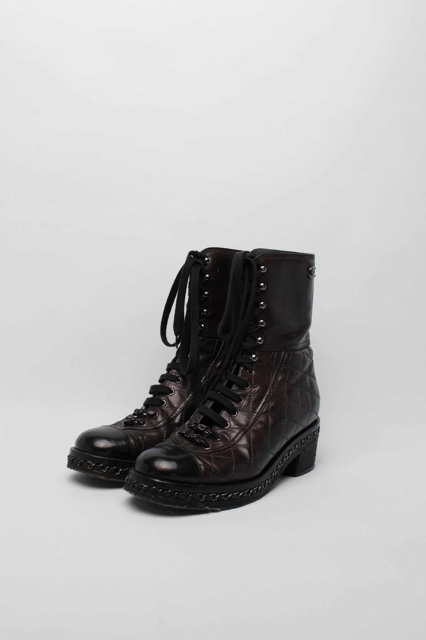 Chanel Brown Lace Combat Boots Size 39