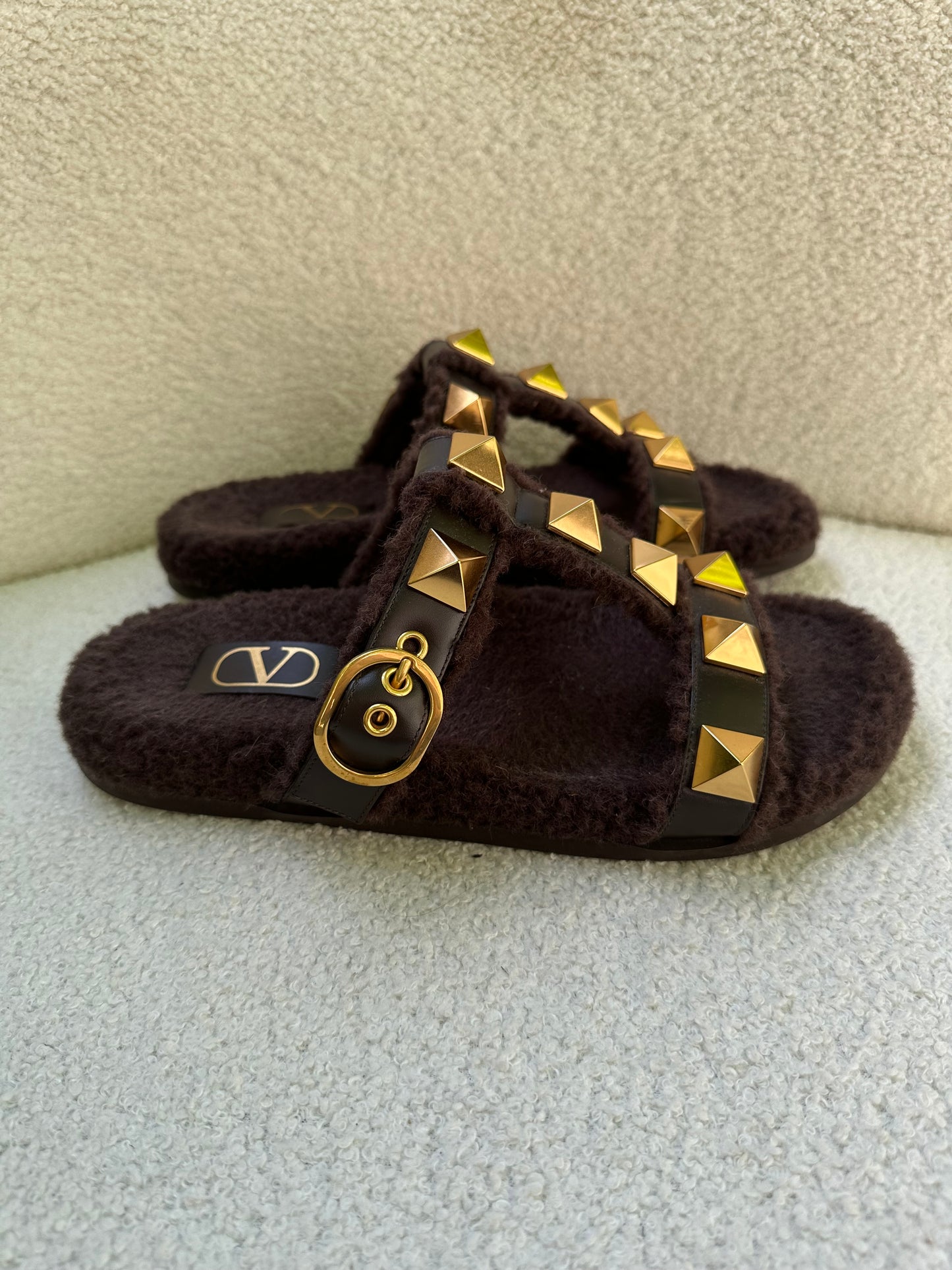 Valentino Chocolate Shearling Slides Size 39