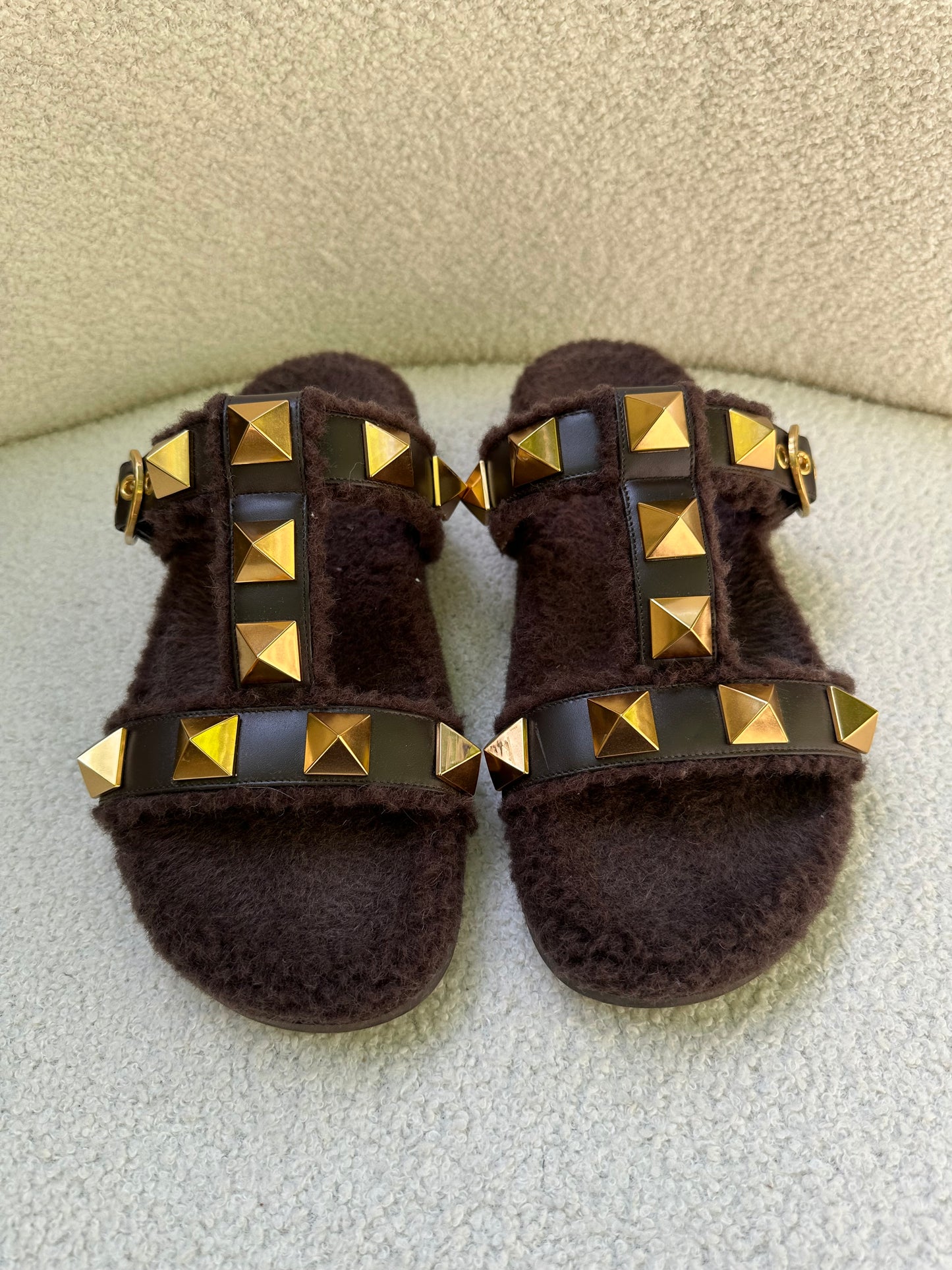 Valentino Chocolate Shearling Slides Size 39