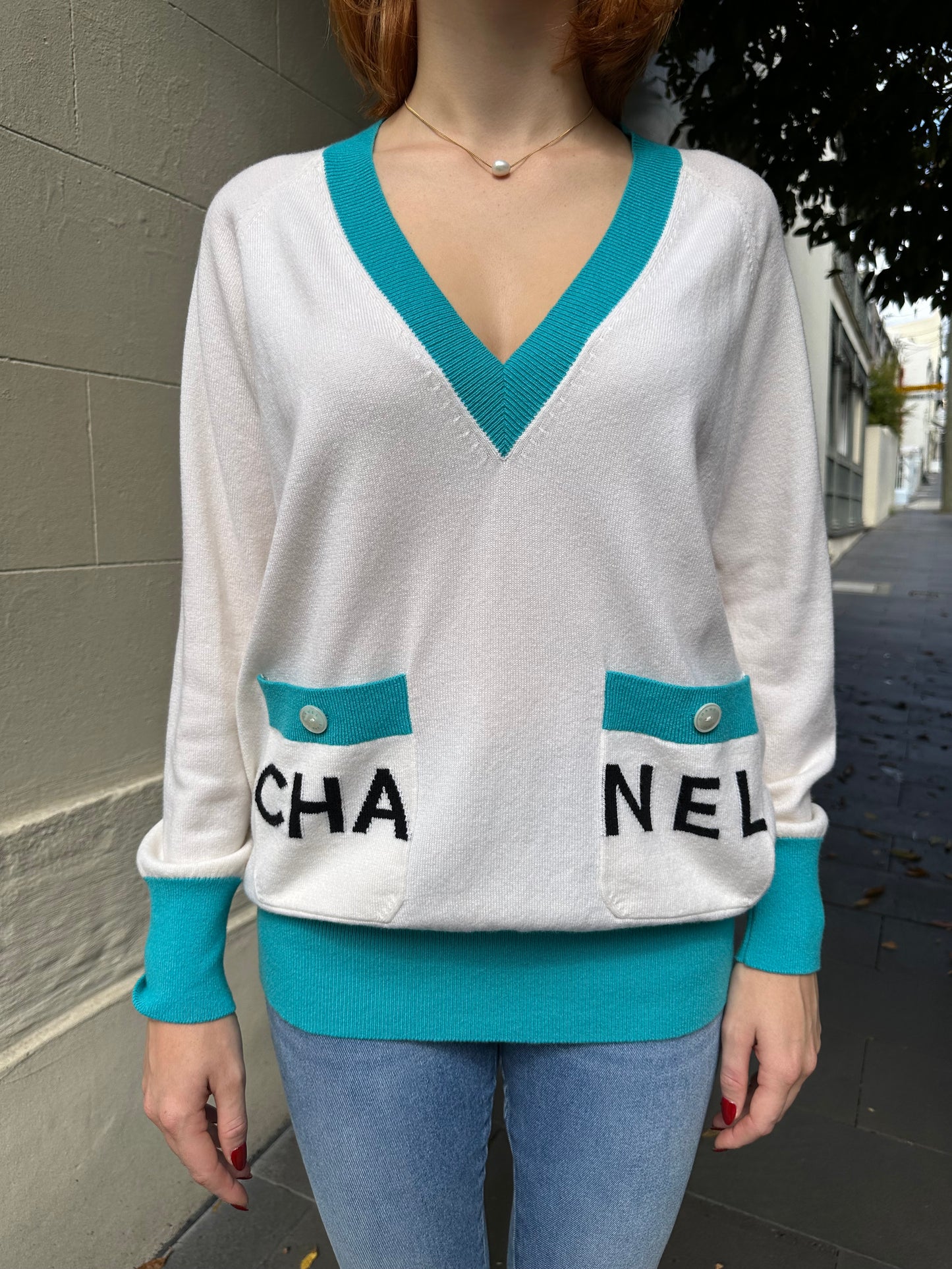 Chanel Logo Blue Trim Knit Size 40