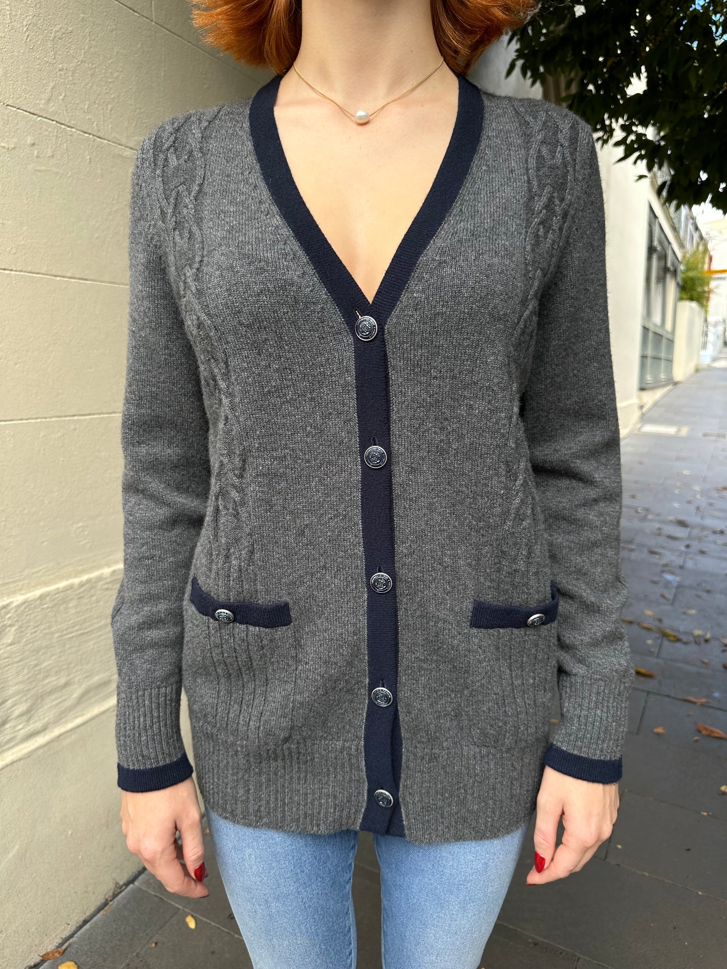 Chanel Grey Navy Cardigan Size 38