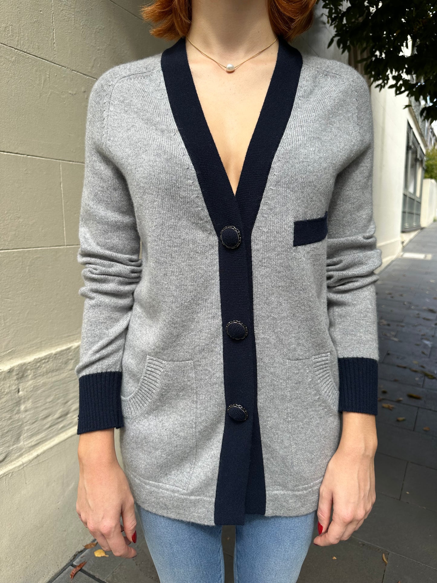 Chanel Grey Navy Cardigan Size 38