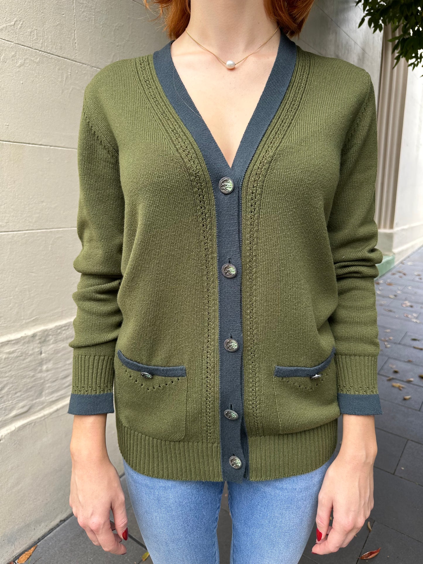Chanel Green Navy Cardigan Size 40