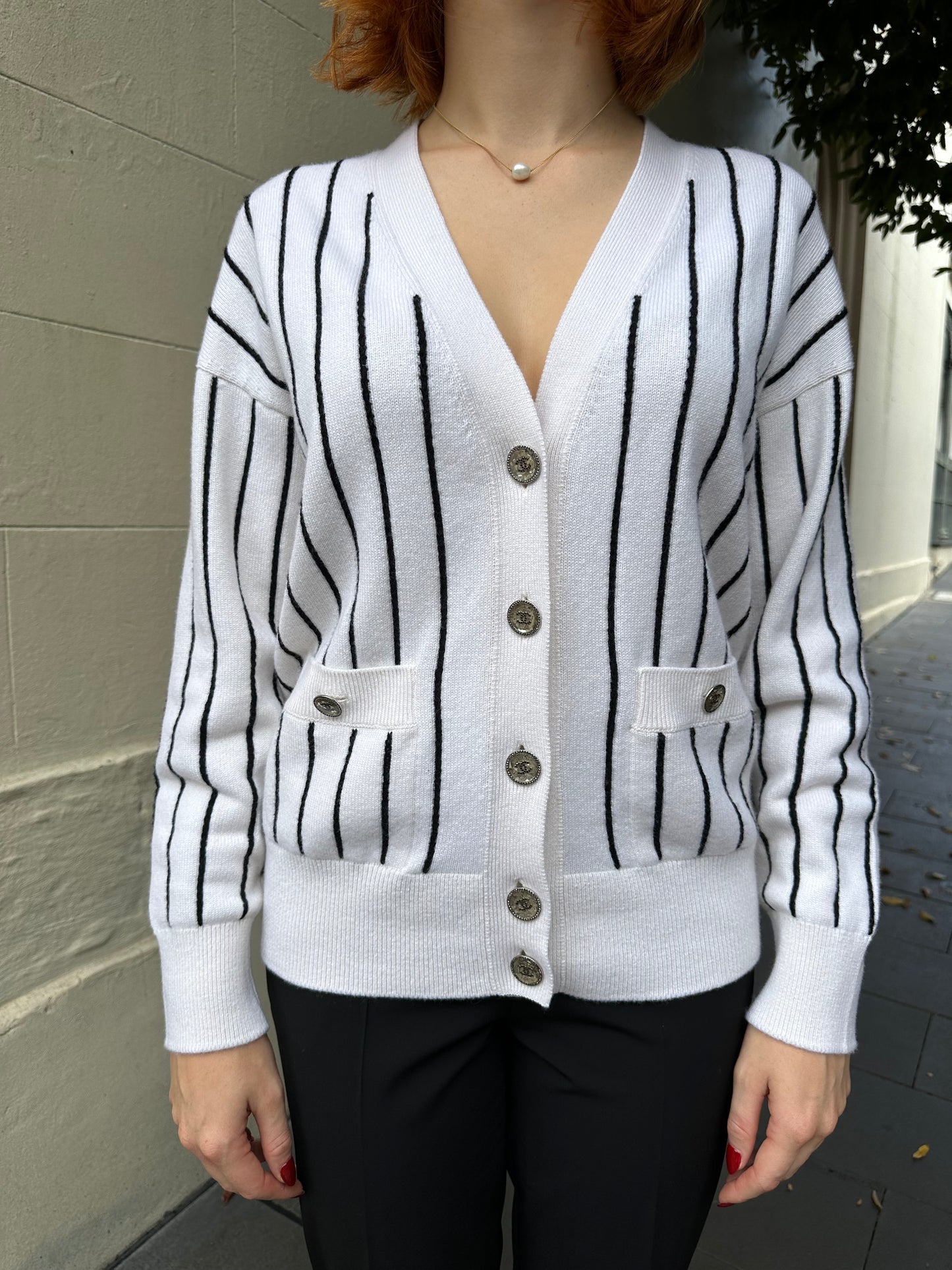 Chanel Cream Logo Cashmere Cardigan Size 38