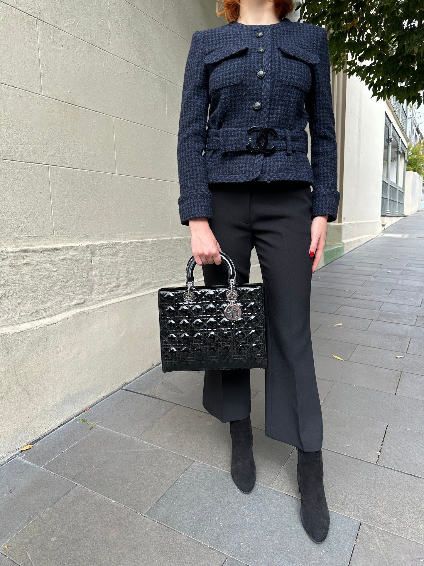 Chanel Navy Check Belt Jacket Size 40