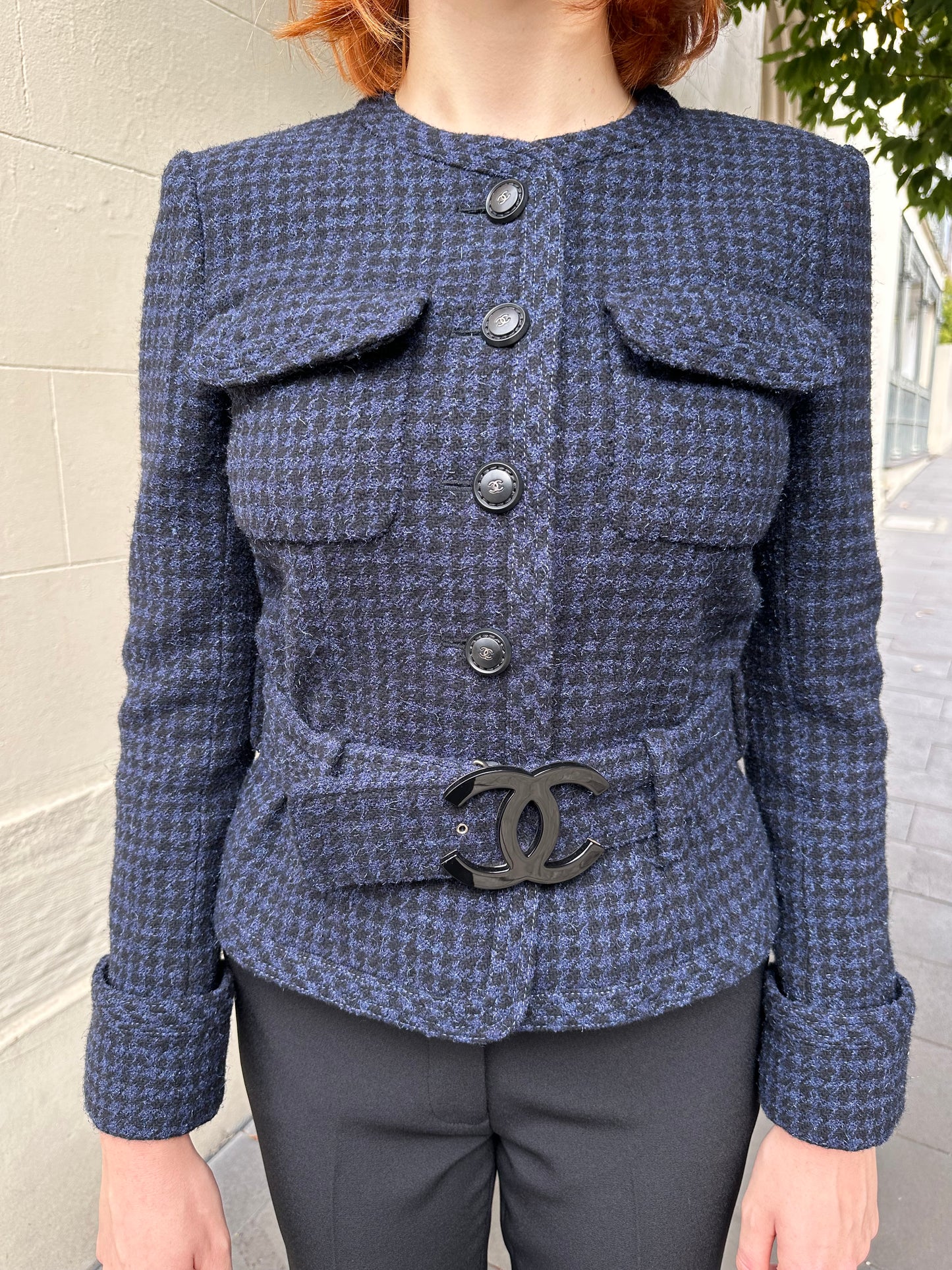 Chanel Navy Check Belt Jacket Size 40