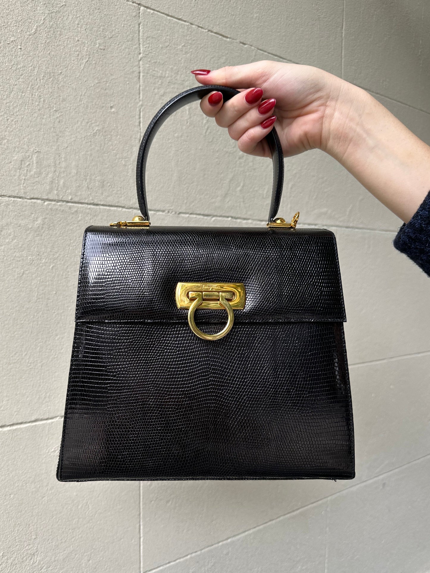 Ferragamo Black Lizard Handbag