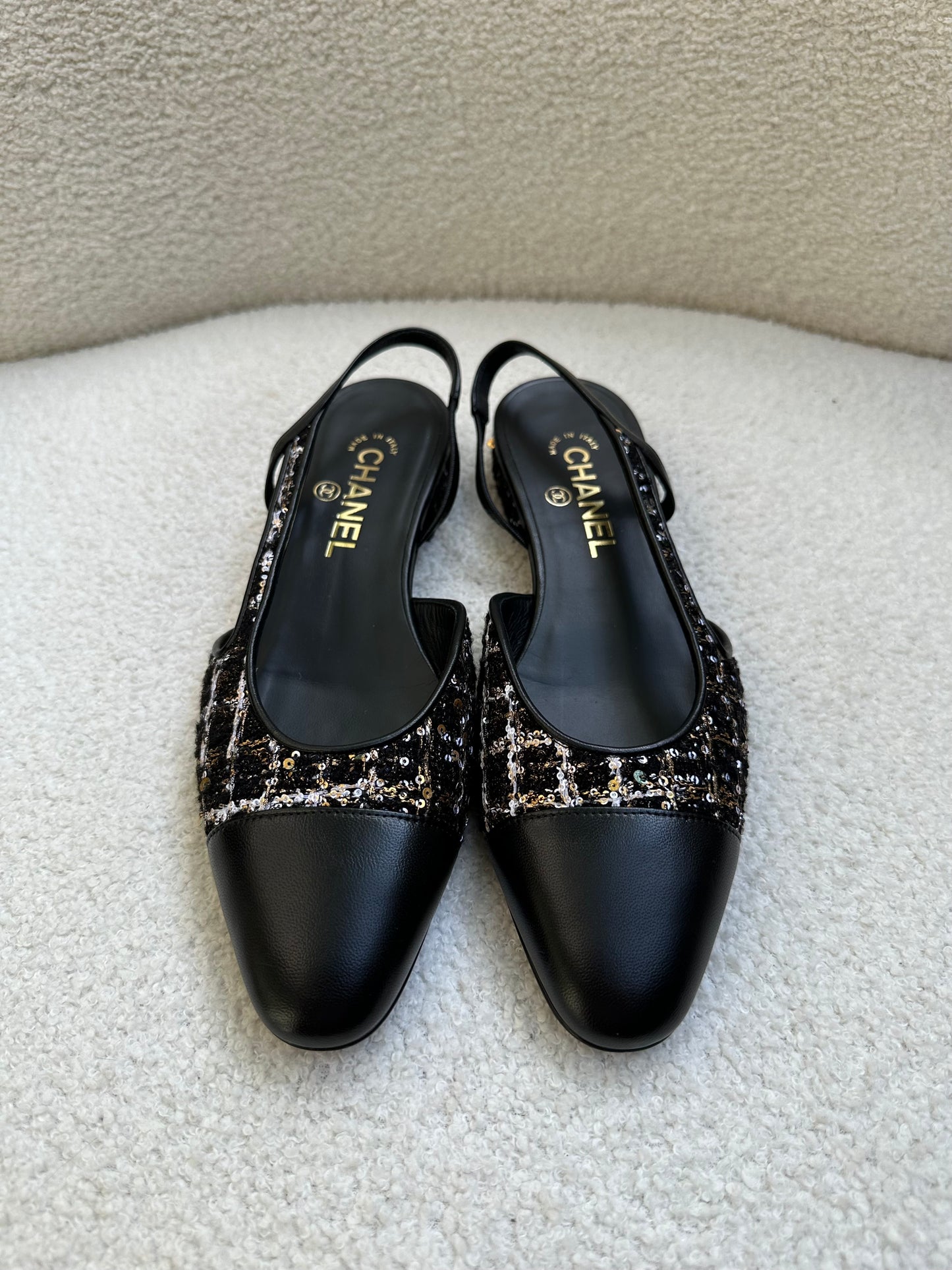 Chanel Black Tweed Sling backs Size 38.5