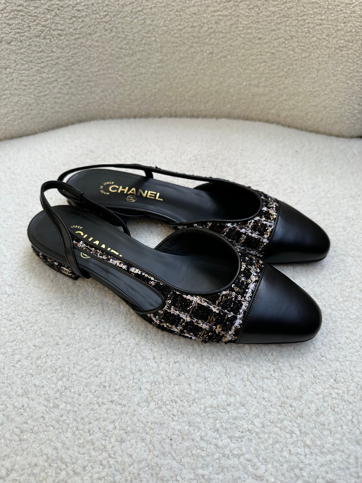 Chanel Black Tweed Sling backs Size 38.5