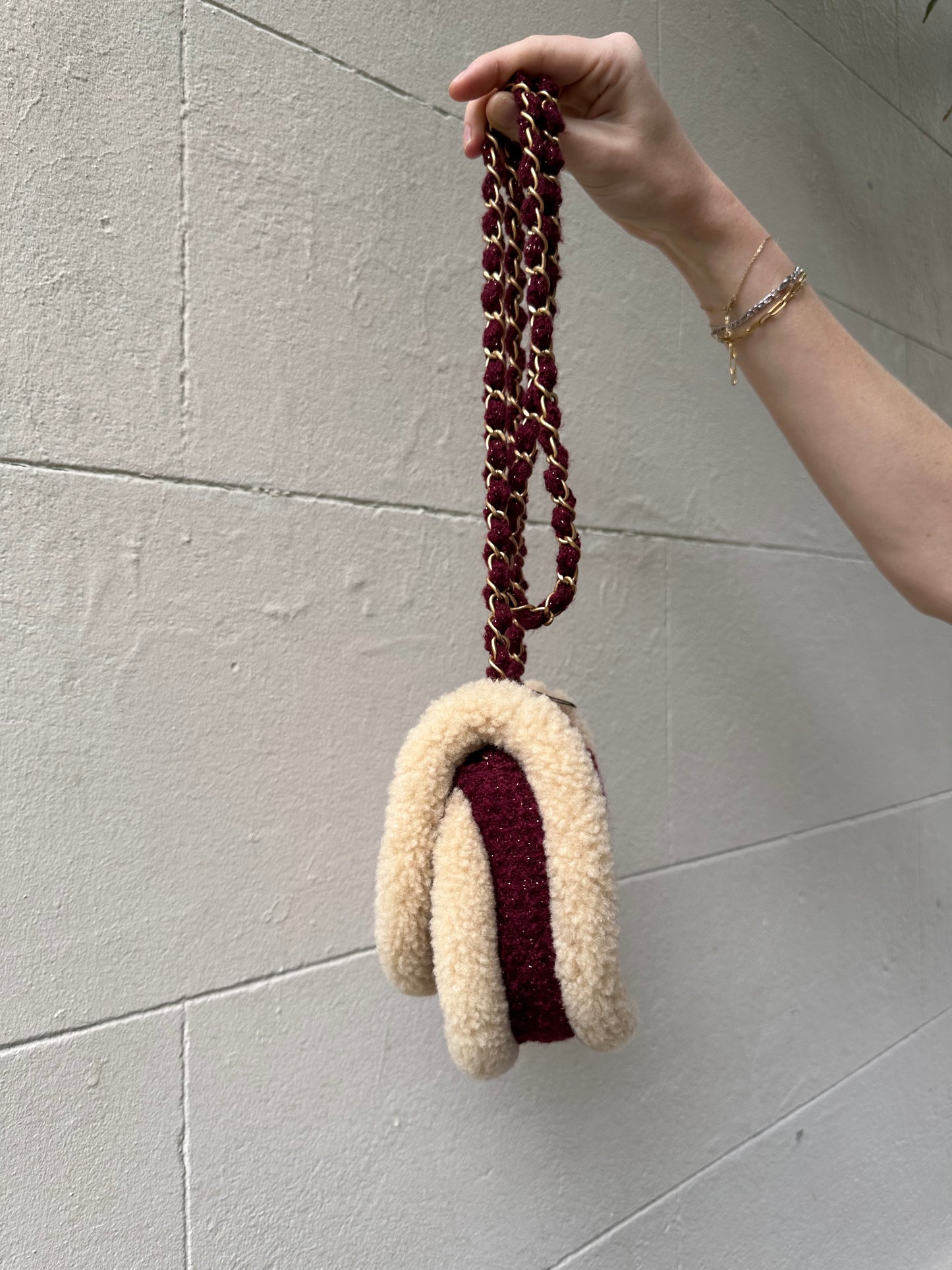 Chanel 22k Mini Messenger Shearling and Burgundy Tweed Flap Bag