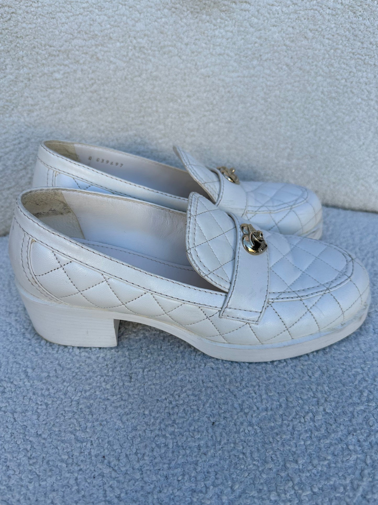 Chanel Quilted White CC Loafers Size 40