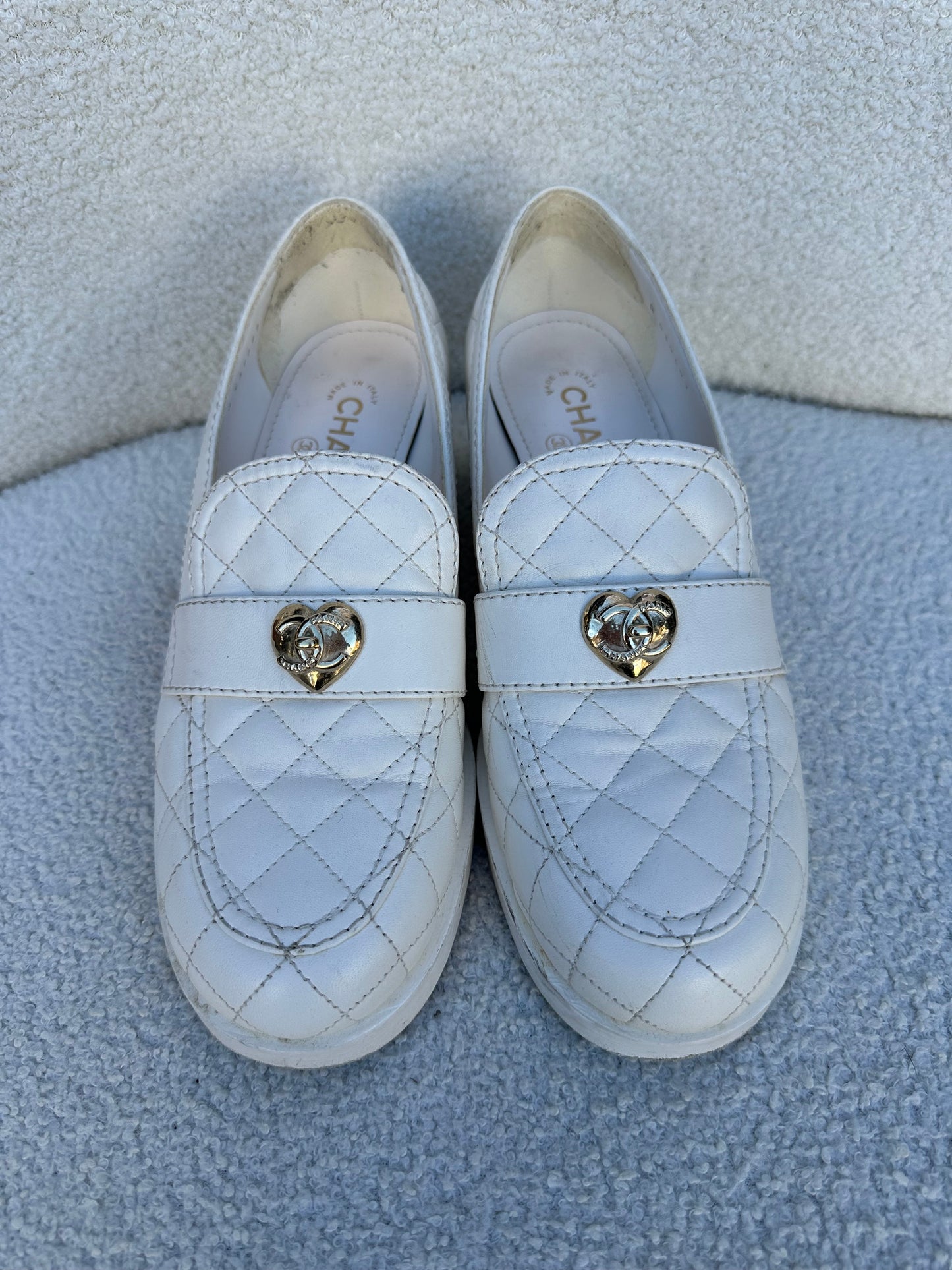 Chanel Quilted White CC Loafers Size 40
