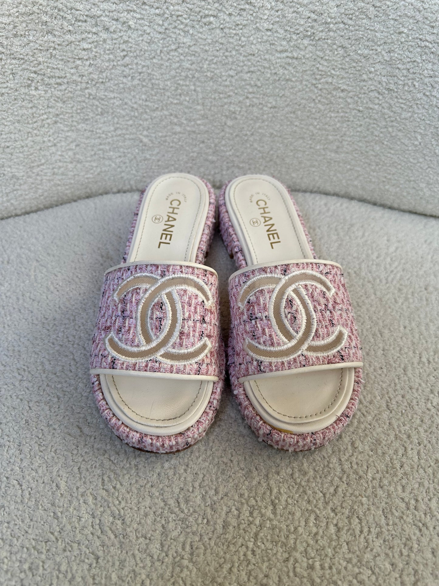 Chanel Pink CC Tweed Slides Size 38