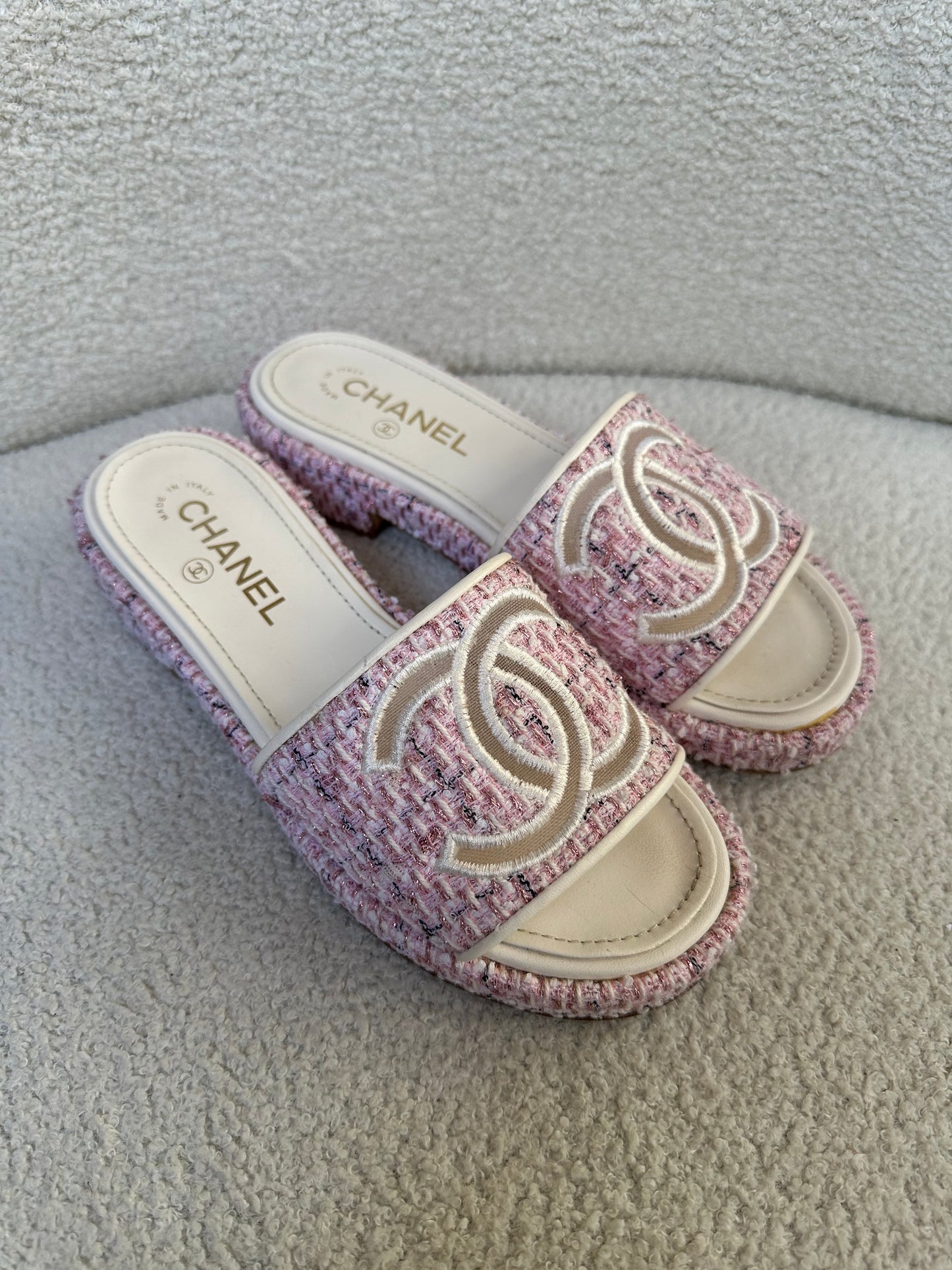 Chanel Pink CC Tweed Slides Size 38