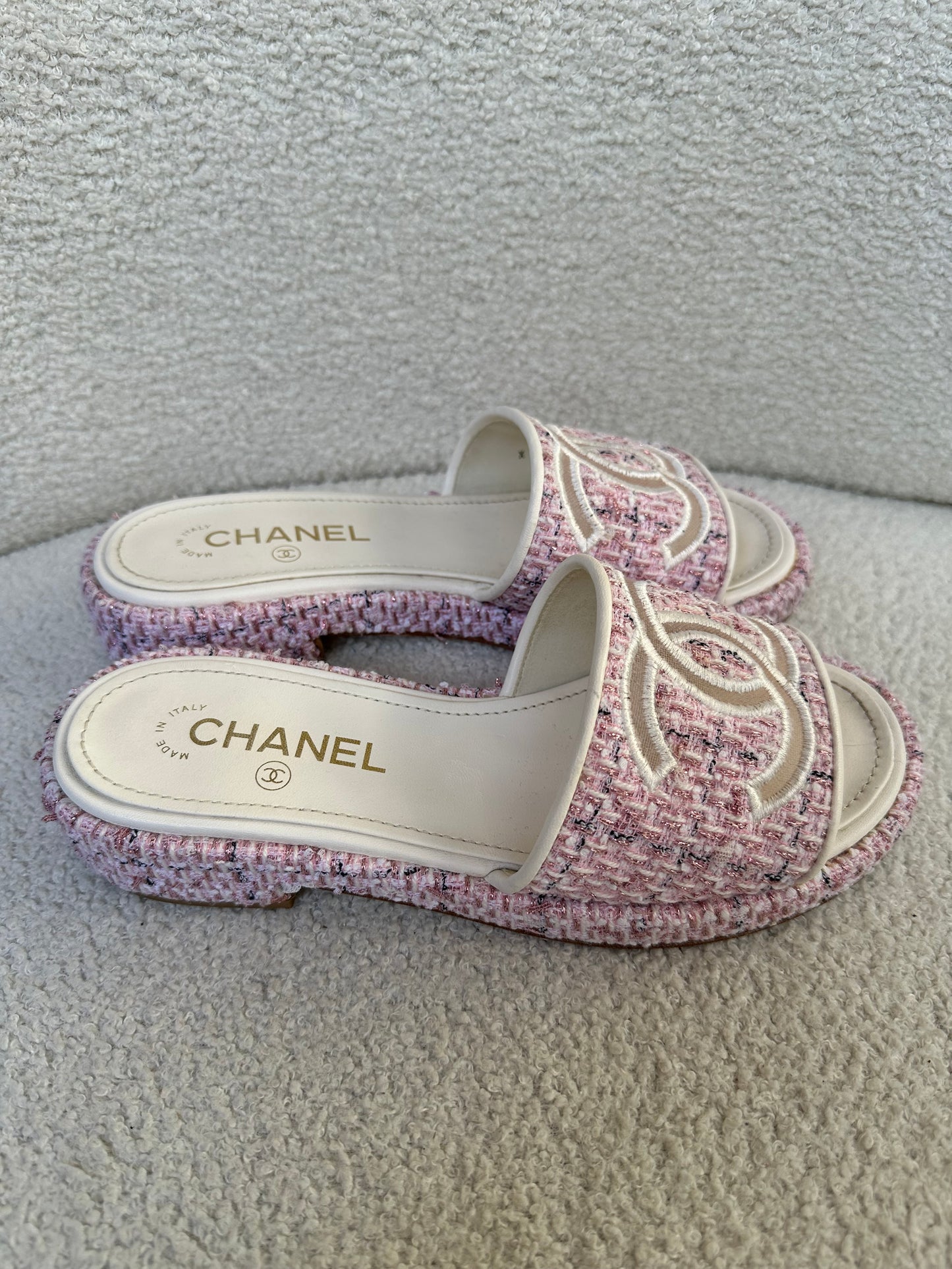 Chanel Pink CC Tweed Slides Size 38
