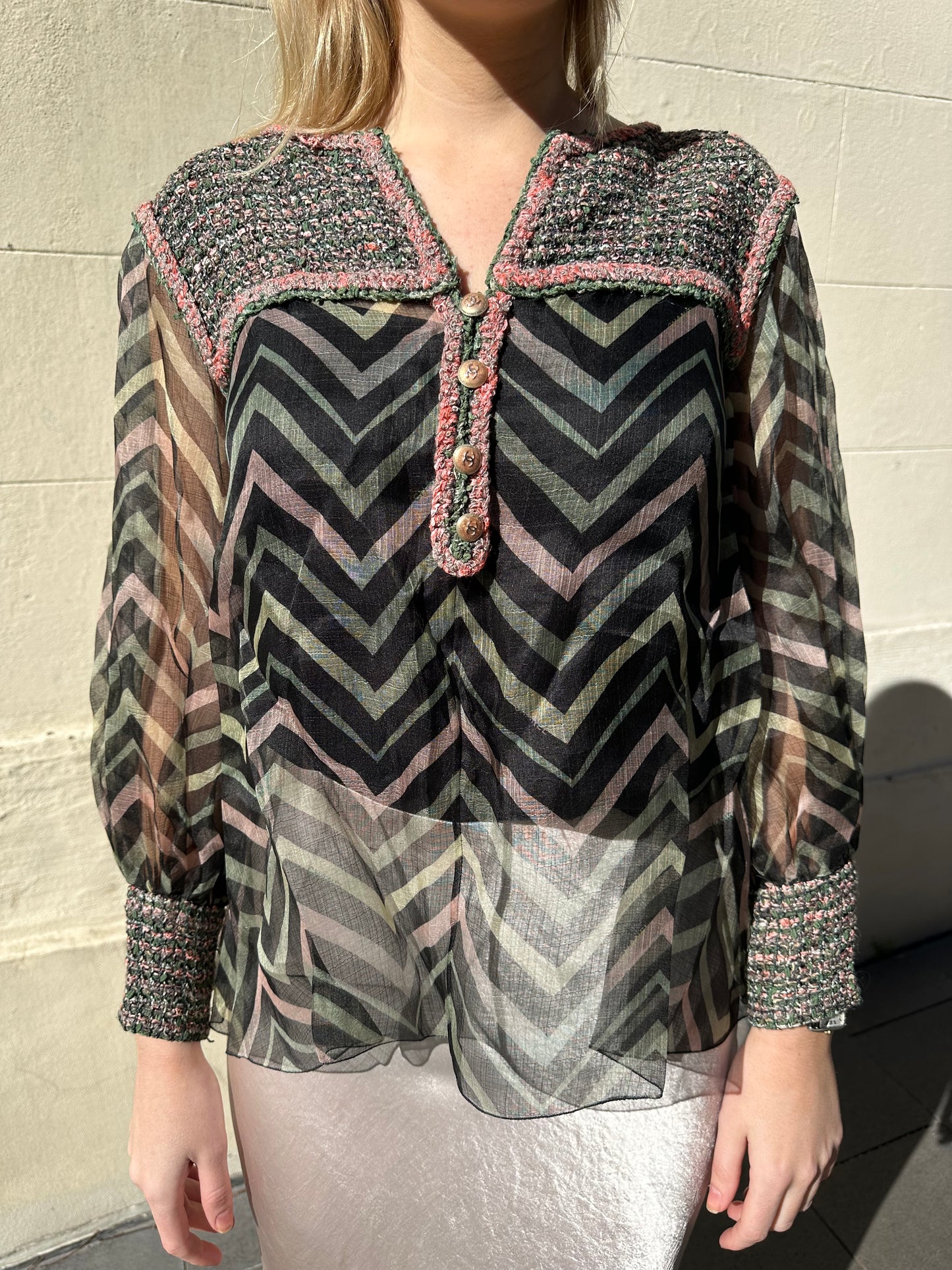 Chanel Sheer Tweed Trim Shirt Size 40