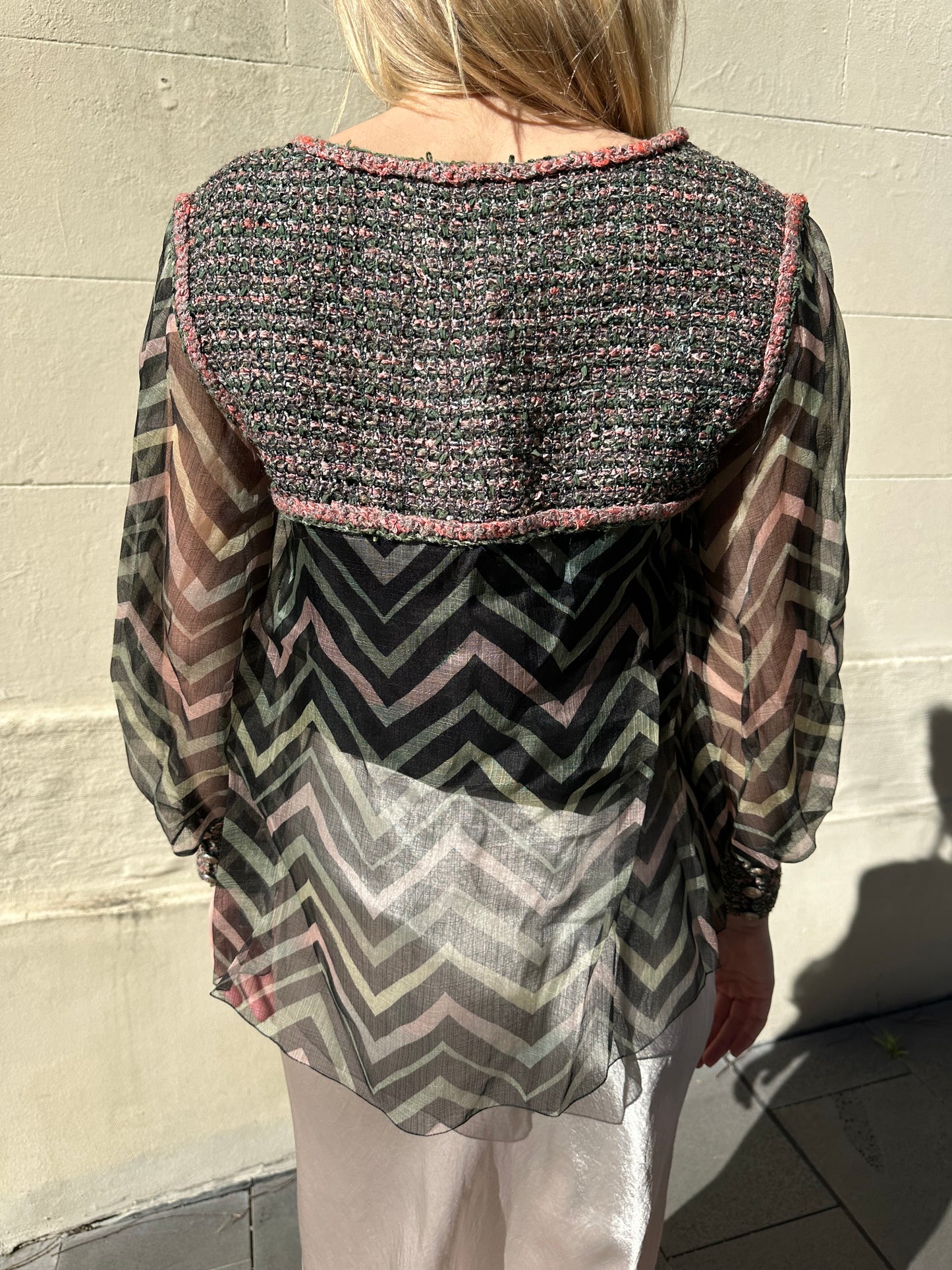 Chanel Sheer Tweed Trim Shirt Size 40