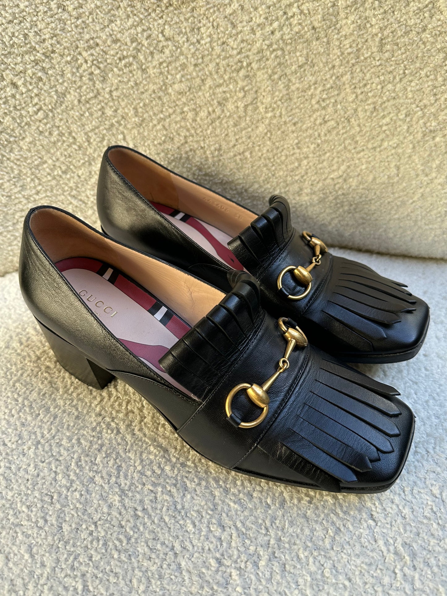 Gucci Black Fringe Horsebit Loafer Size 38