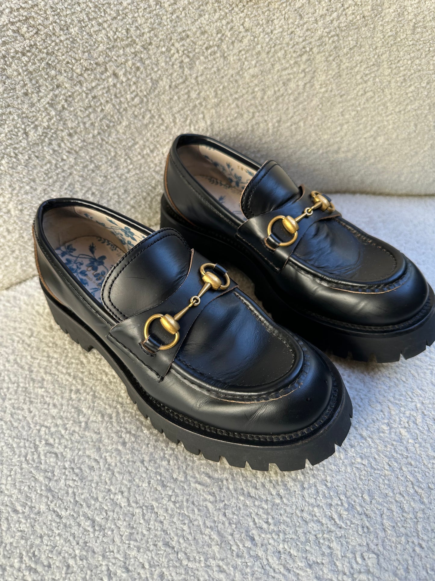 Gucci Black Lug Sole Horsebit Loafers Size 38.5