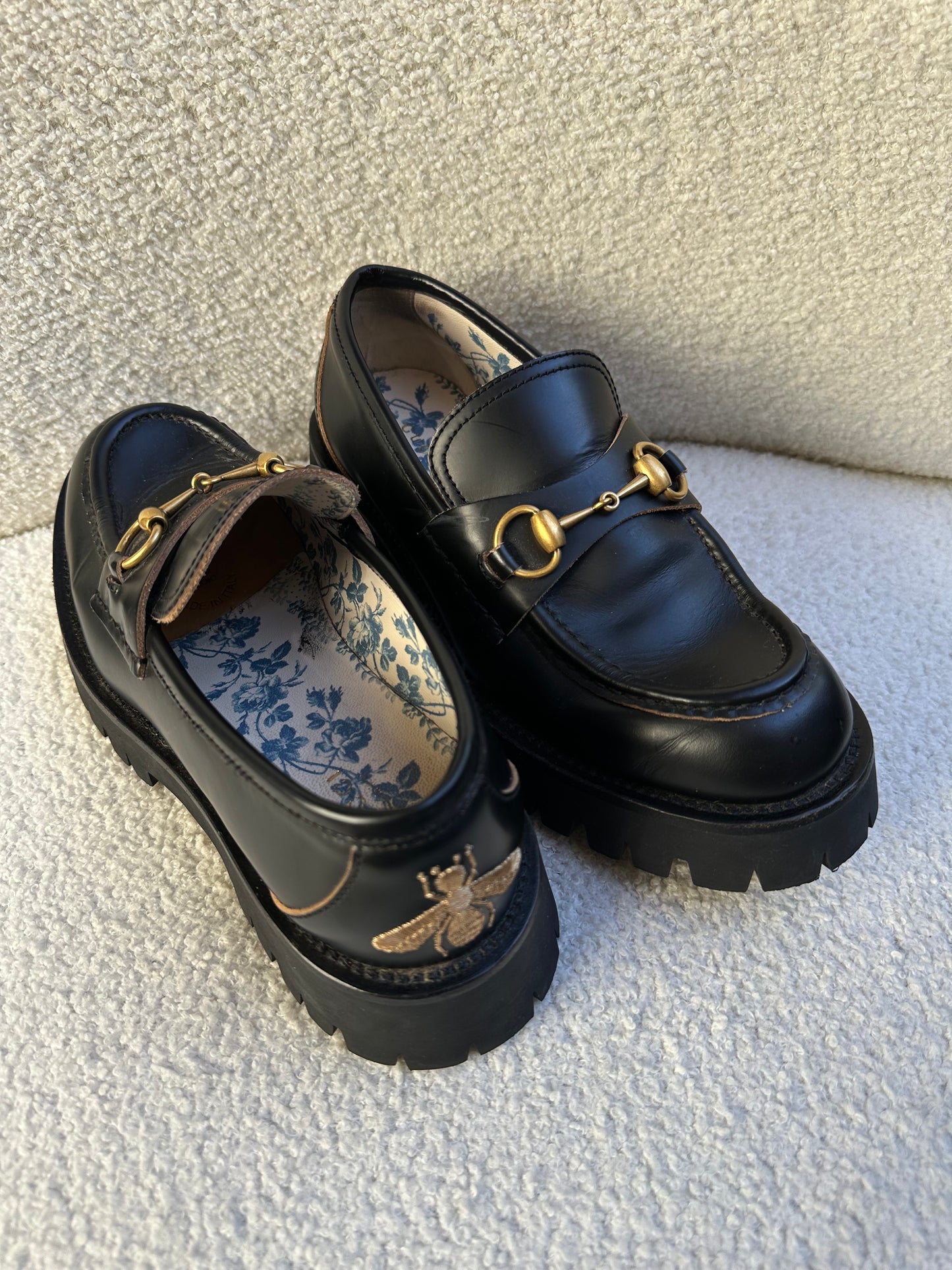 Gucci Black Lug Sole Horsebit Loafers Size 38.5