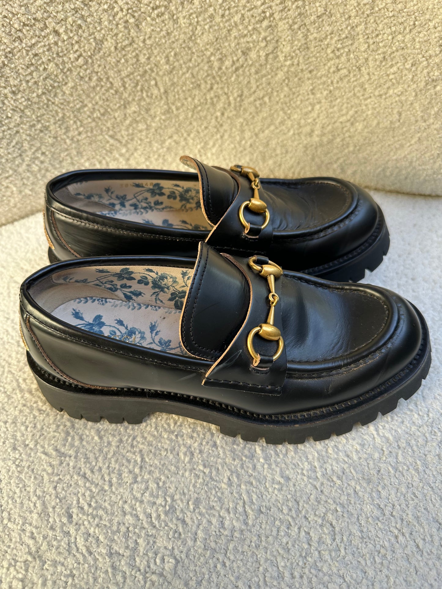 Gucci Black Lug Sole Horsebit Loafers Size 38.5