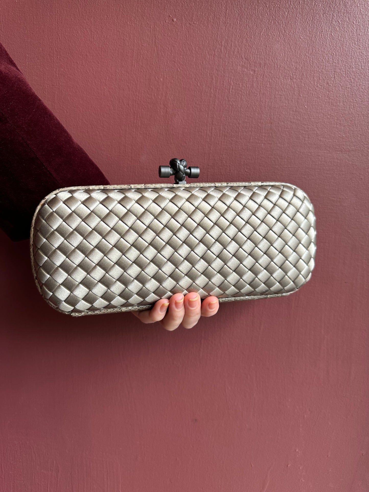 Bottega Veneta Taupe Satin Woven Clutch