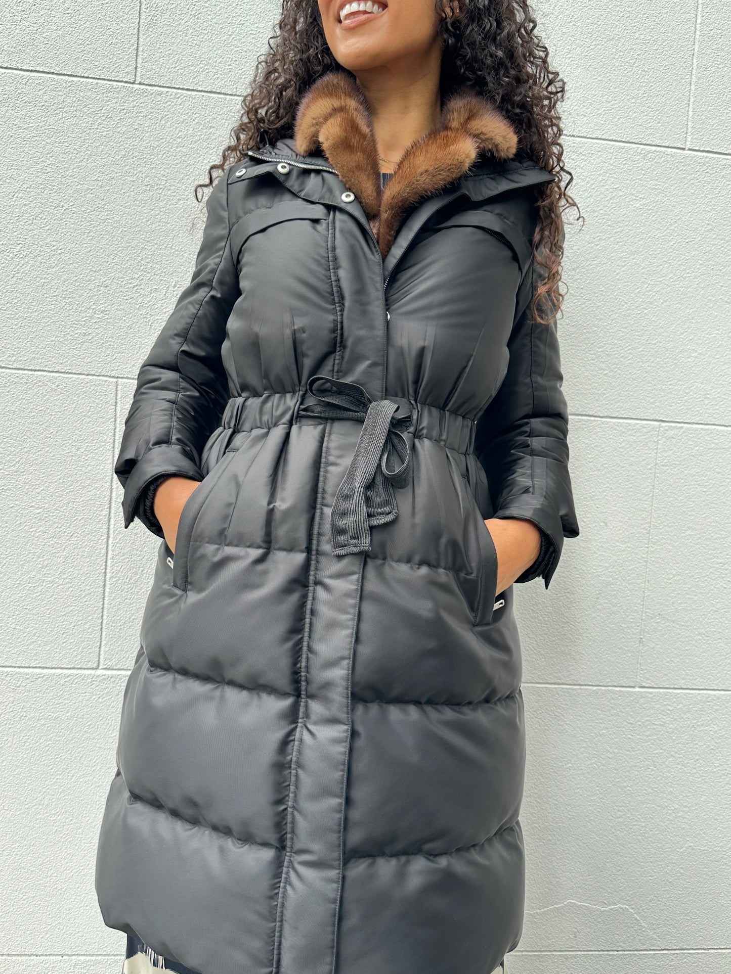 Prada Black Fur Trim Puffer Coat Size 40