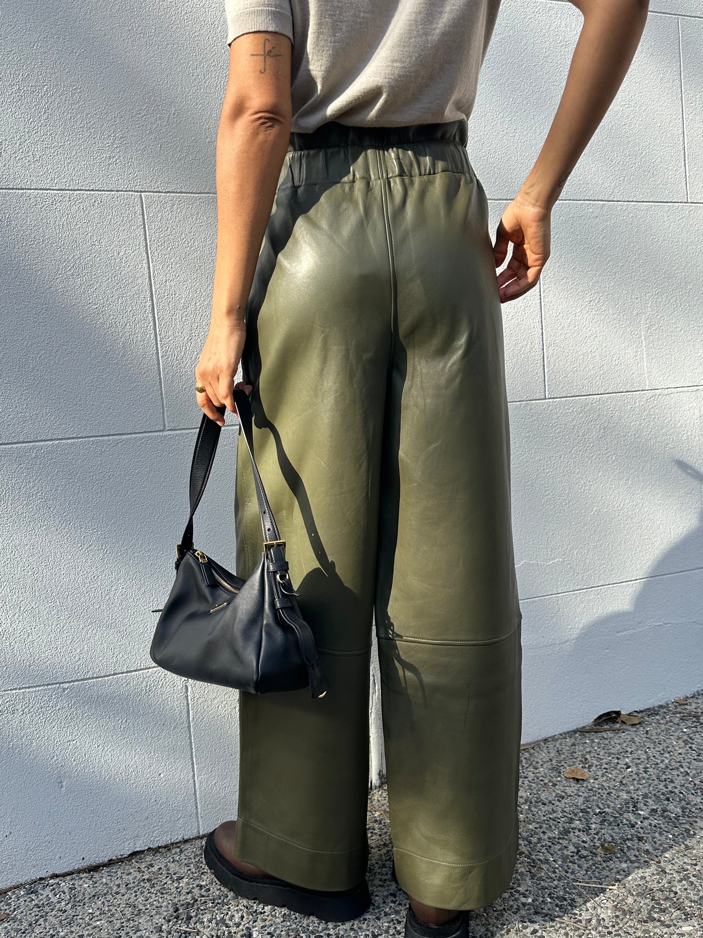 Ganni Olive Wide Leather Pant Size 40