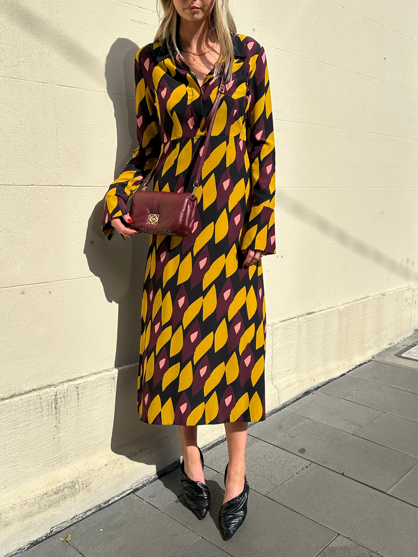 Marni Geo Print Gold Burgundy Print Dress Size 38