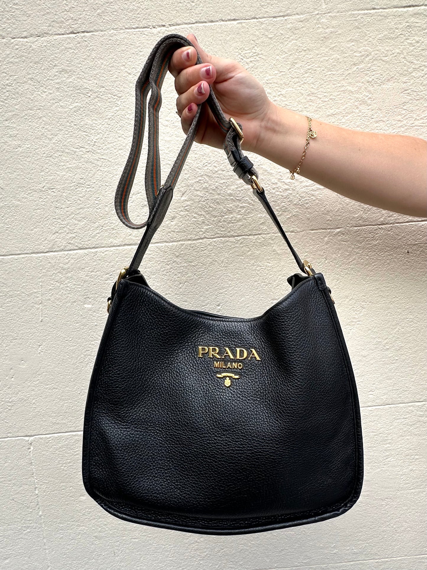 Prada Black Shoulder Bag with two straps black leather /stripe canvas strap