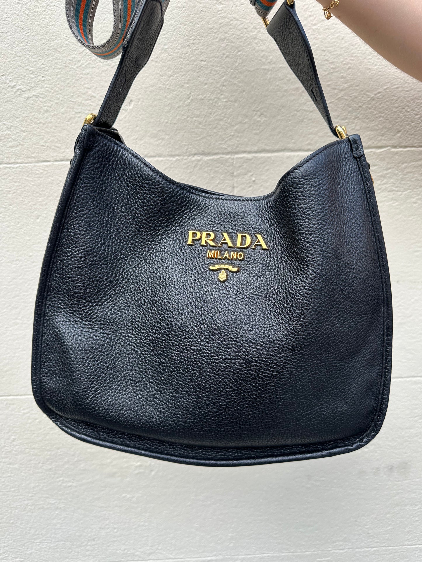 Prada Black Shoulder Bag with two straps black leather /stripe canvas strap