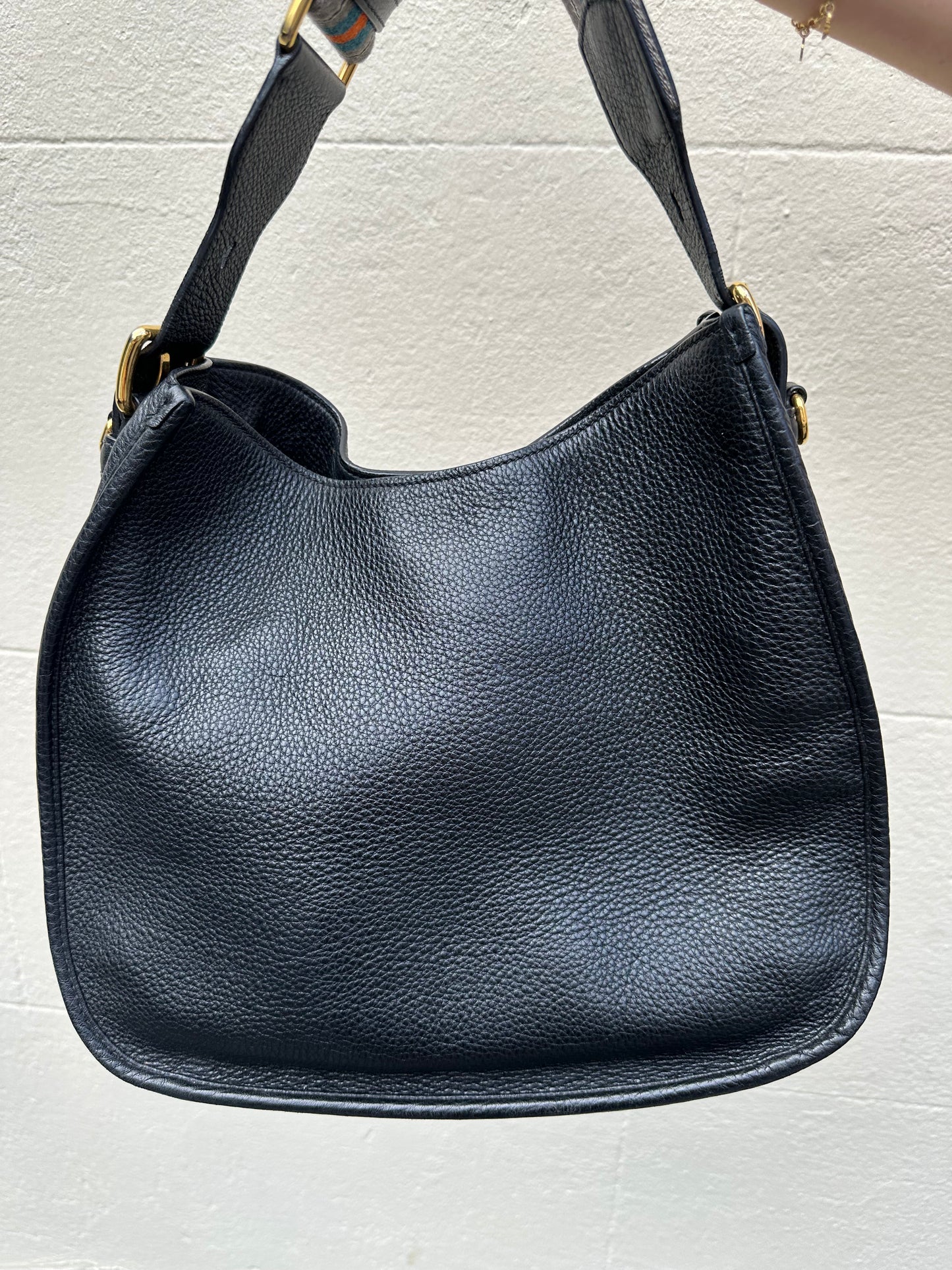 Prada Black Shoulder Bag with two straps black leather /stripe canvas strap