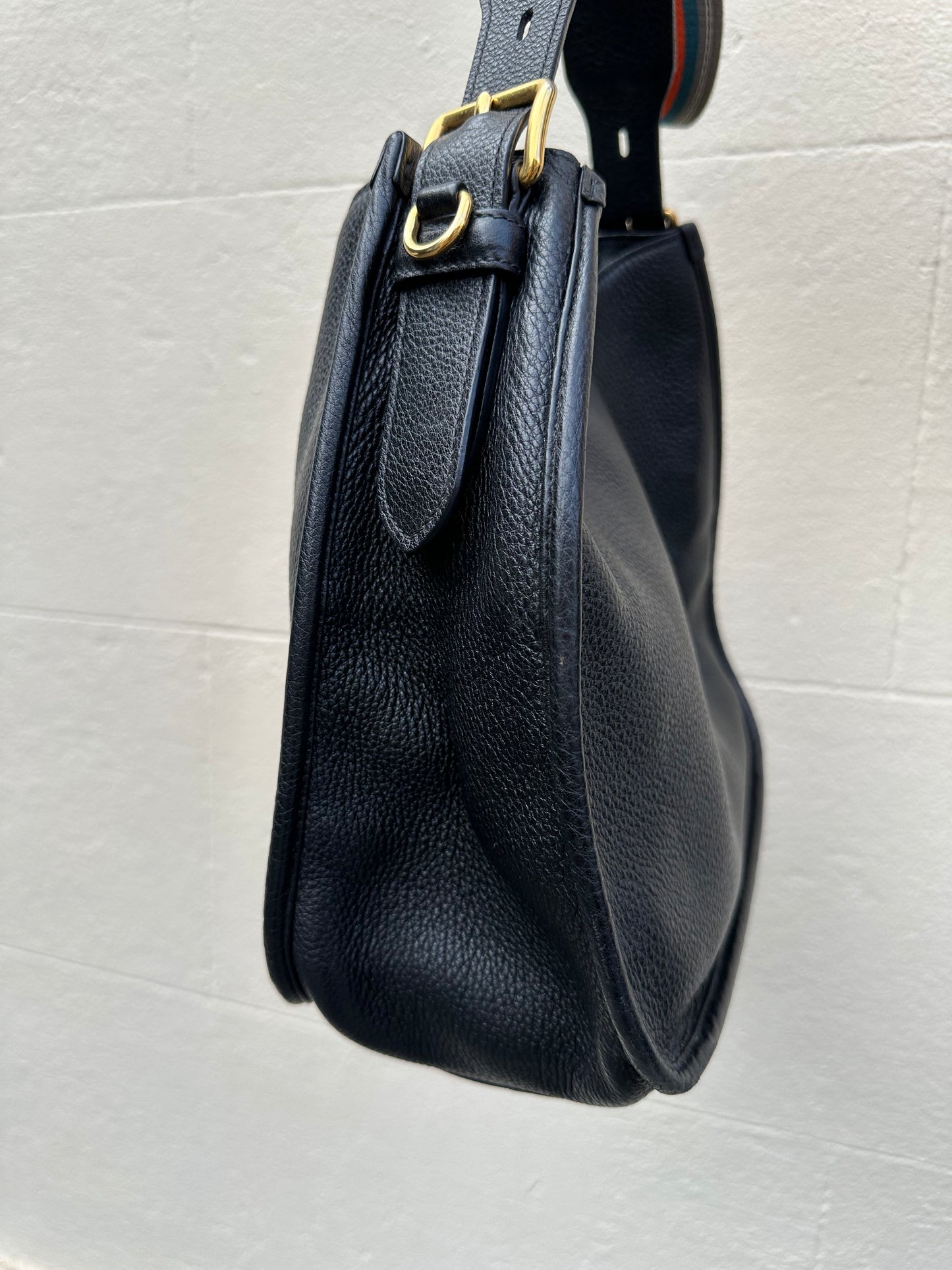 Prada Black Shoulder Bag with two straps black leather /stripe canvas strap