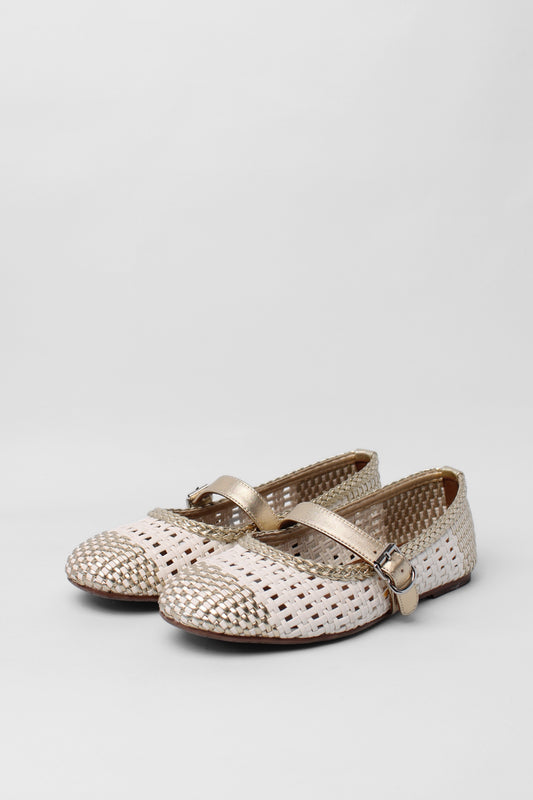 Alaia White & Gold Woven Leather Mary-Jane flats size 38