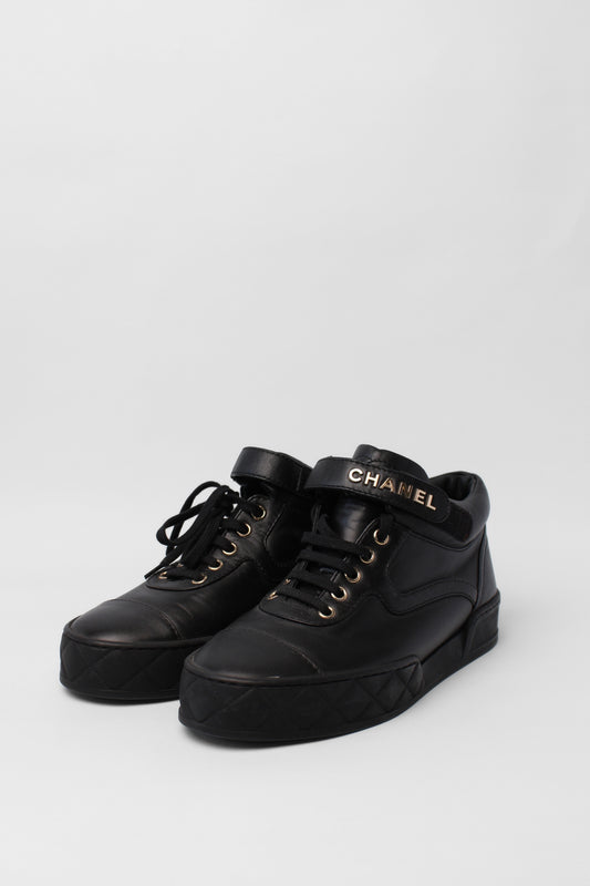 Chanel Black Leather logo Short Boots Size 40