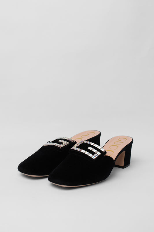Gucci Black Suede GG Crystal Mules Size 39