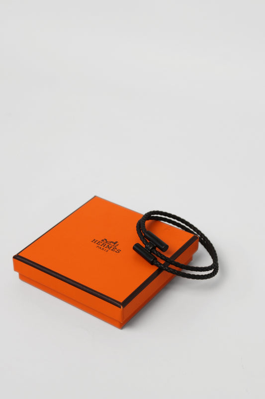 Hermes Braid Leather Black Tournis Bracelet T5